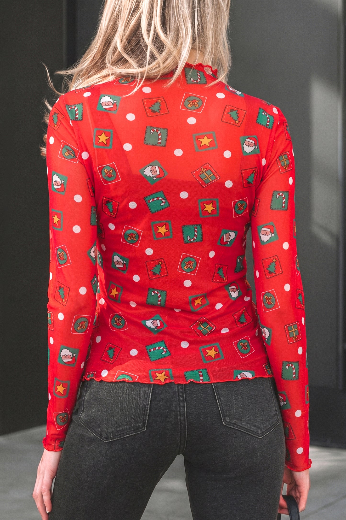 Fiery Red Christmas Elements Printed Long Sleeve Mesh Top