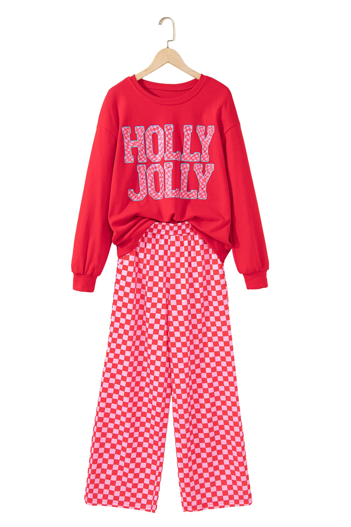 Red Christmas Graphic Plaid Contrast Pant Set