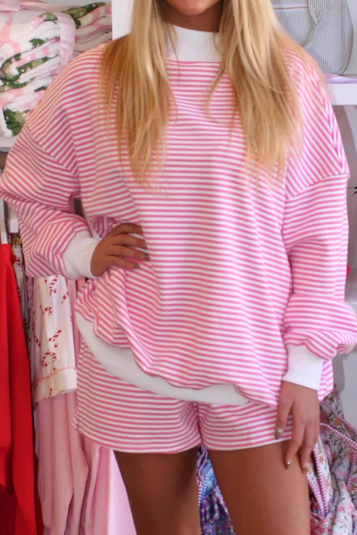 Red Stripe Oversize Mock Neck Sweatshirt and Shorts Set