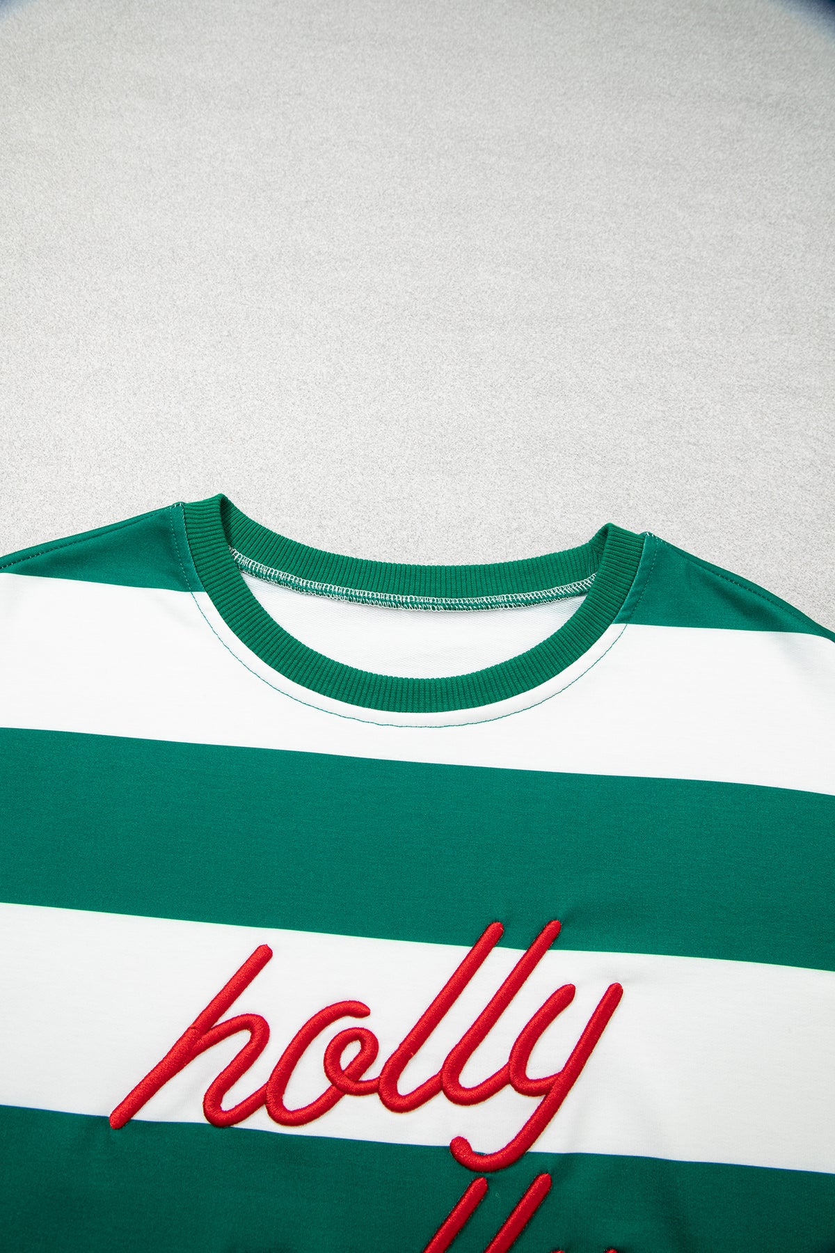 Striped Holly Jolly Embroidered Pullover Sweatshirt