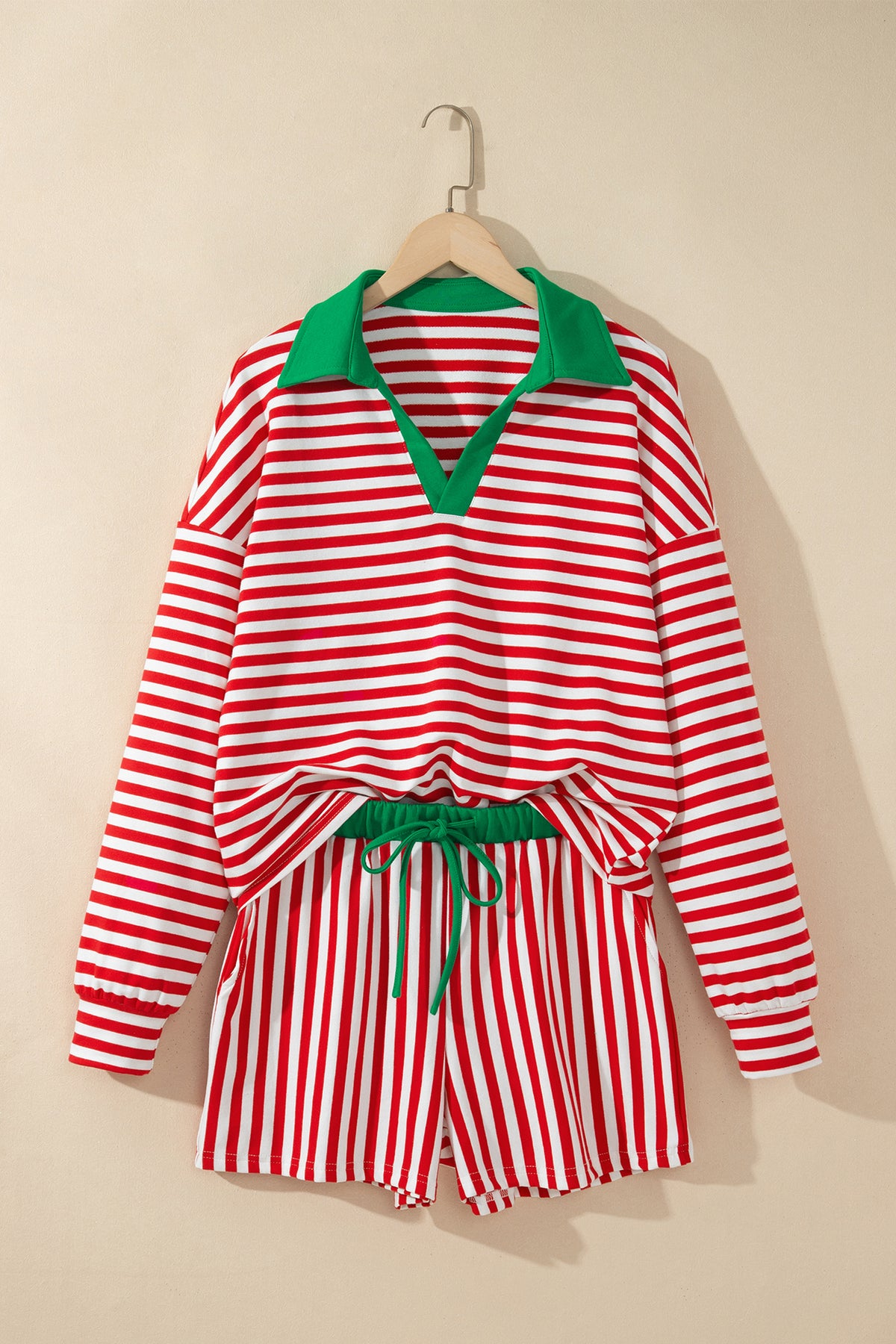 Red Stripe Colorblock Trim Polo Collar Drawstring Elastic Waist Band Set