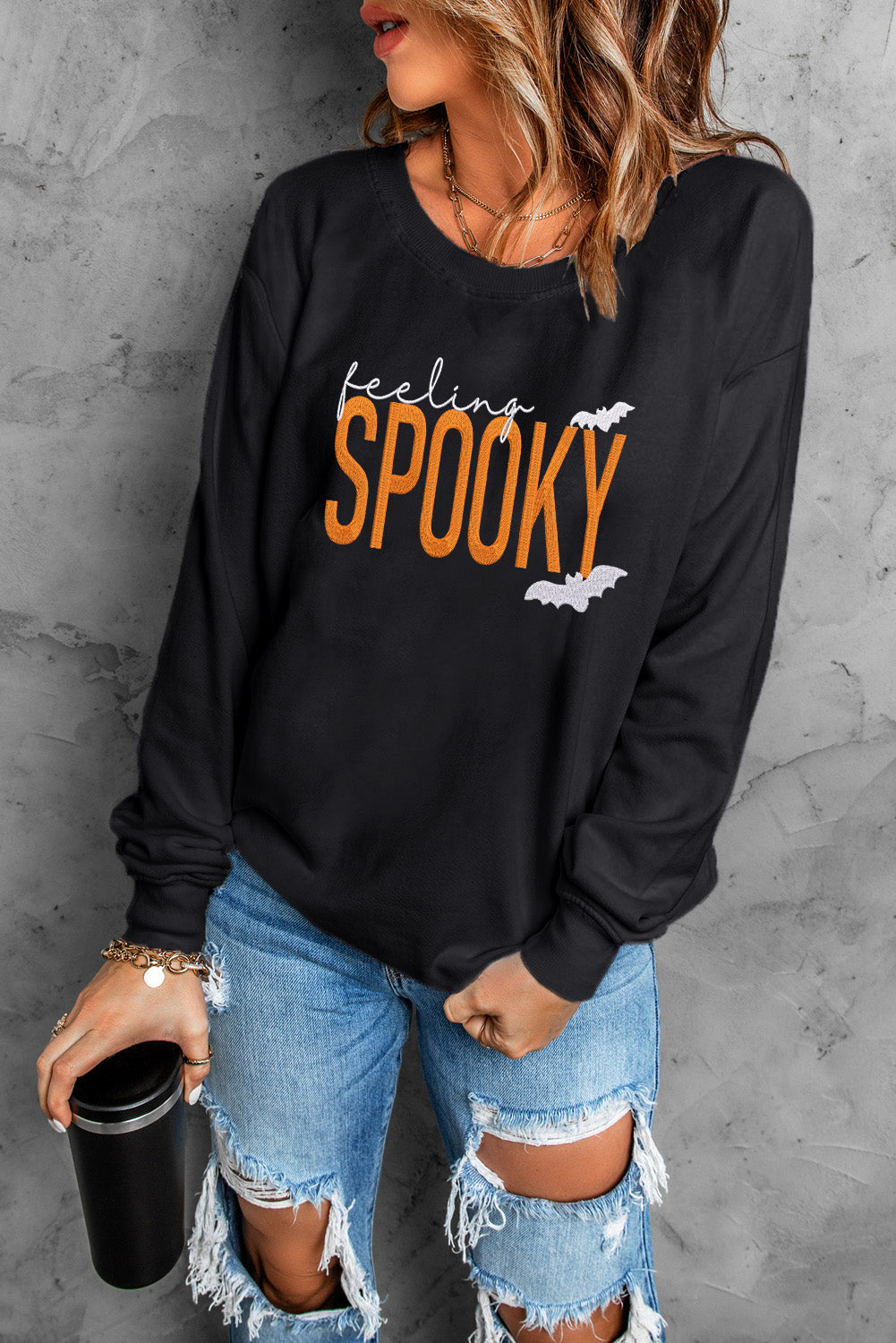 Feeling Spooky Halloween Embroidered Graphic Baggy Sweatshirt