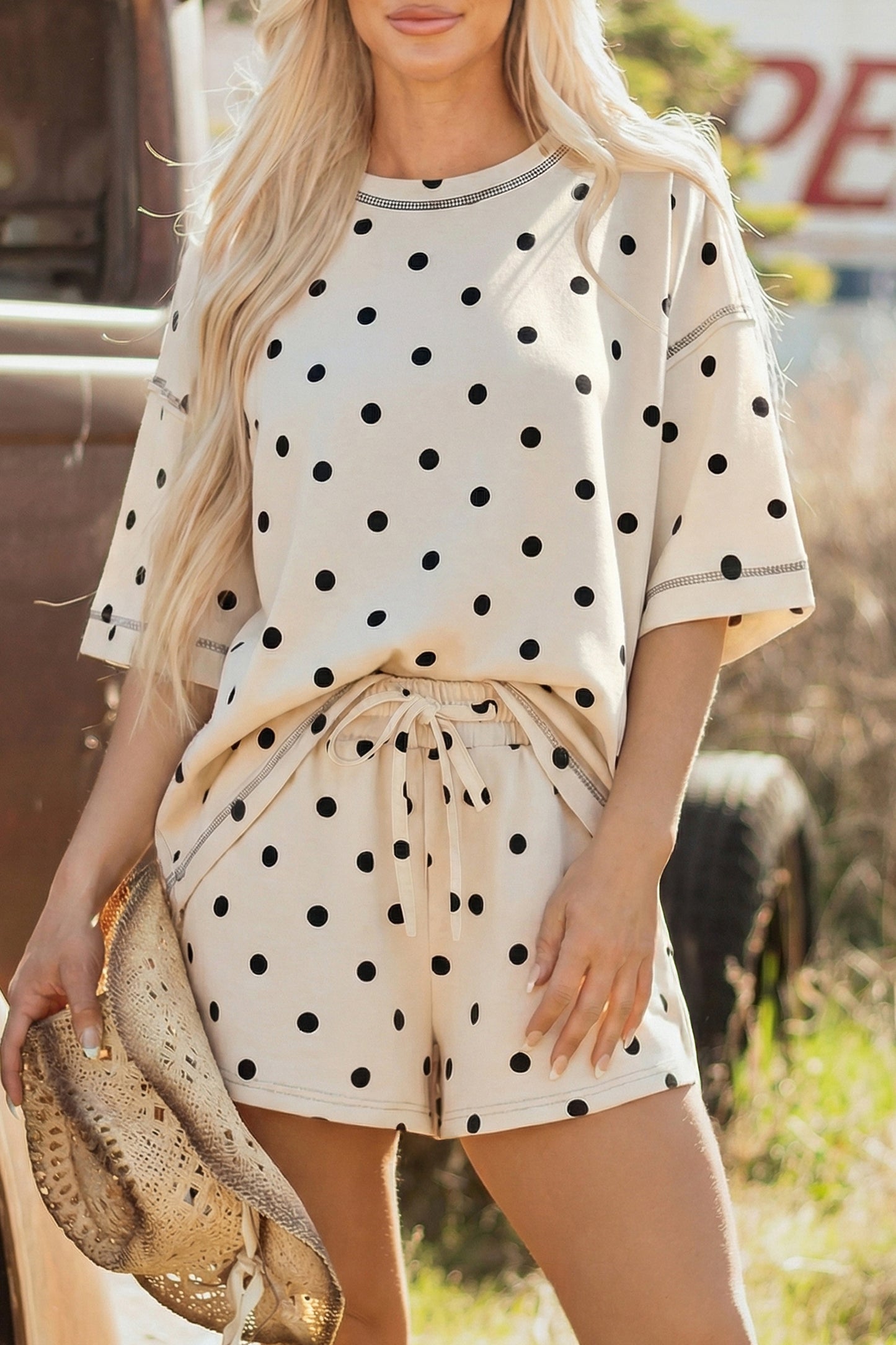 Pink Polka Dot Short Sleeve Loose Top Drawstring Shorts Set