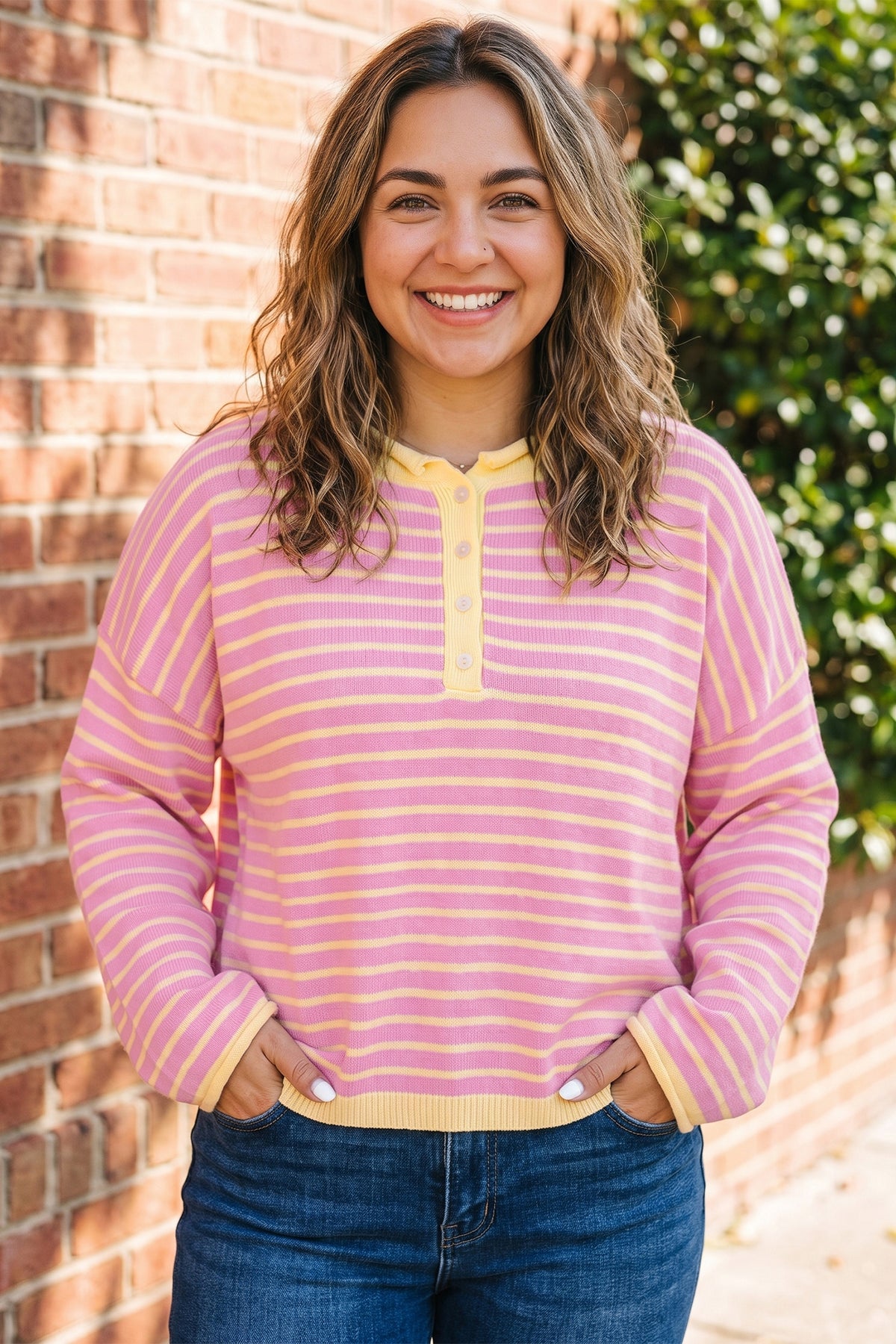 Pink Stripe Striped Colorblock Long Sleeve Sweater