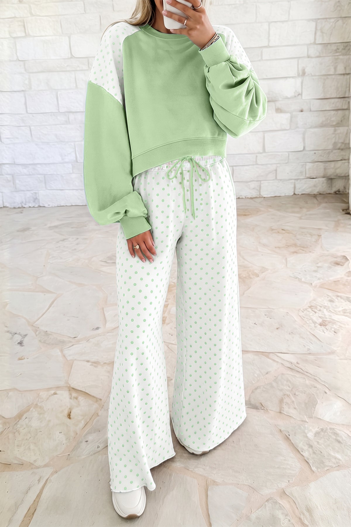 Polka Dot Patchwork Colorblock Long Sleeve Casual Two Piece Pants Set