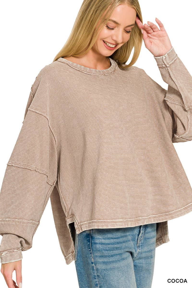 Zenana Acid Washed Double Ribbed Exposed Seam Cropped Crewneck - Multiple Colors