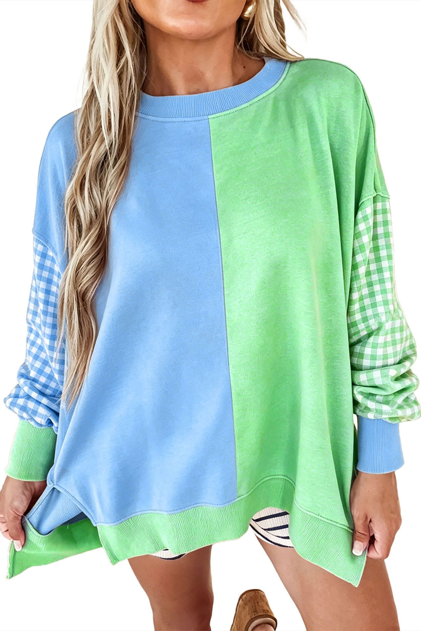 Colorblock Gingham Sleeve Long Sleeve Top