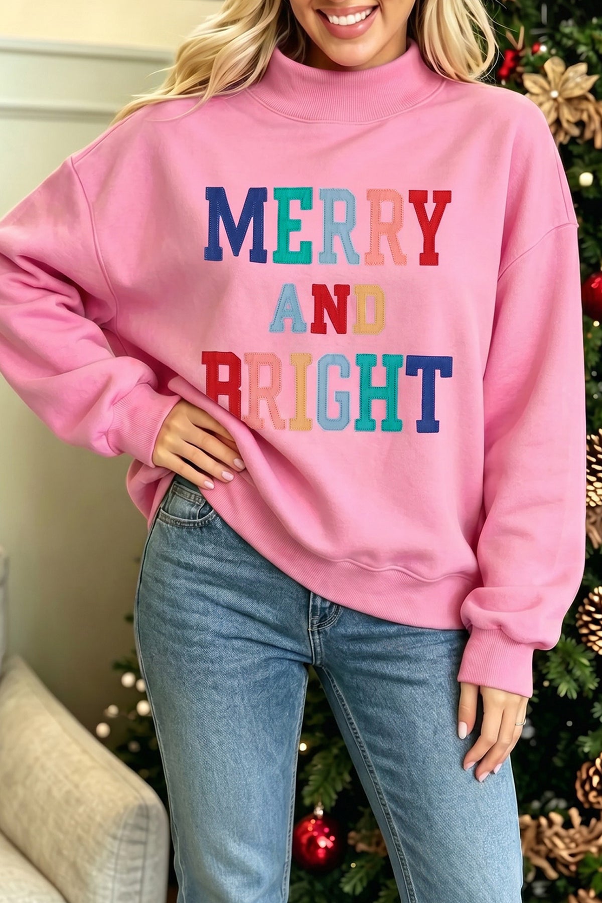 MERRY AND BRIGHT Stitched Letter Pattern Mock Neck Sweatshirt