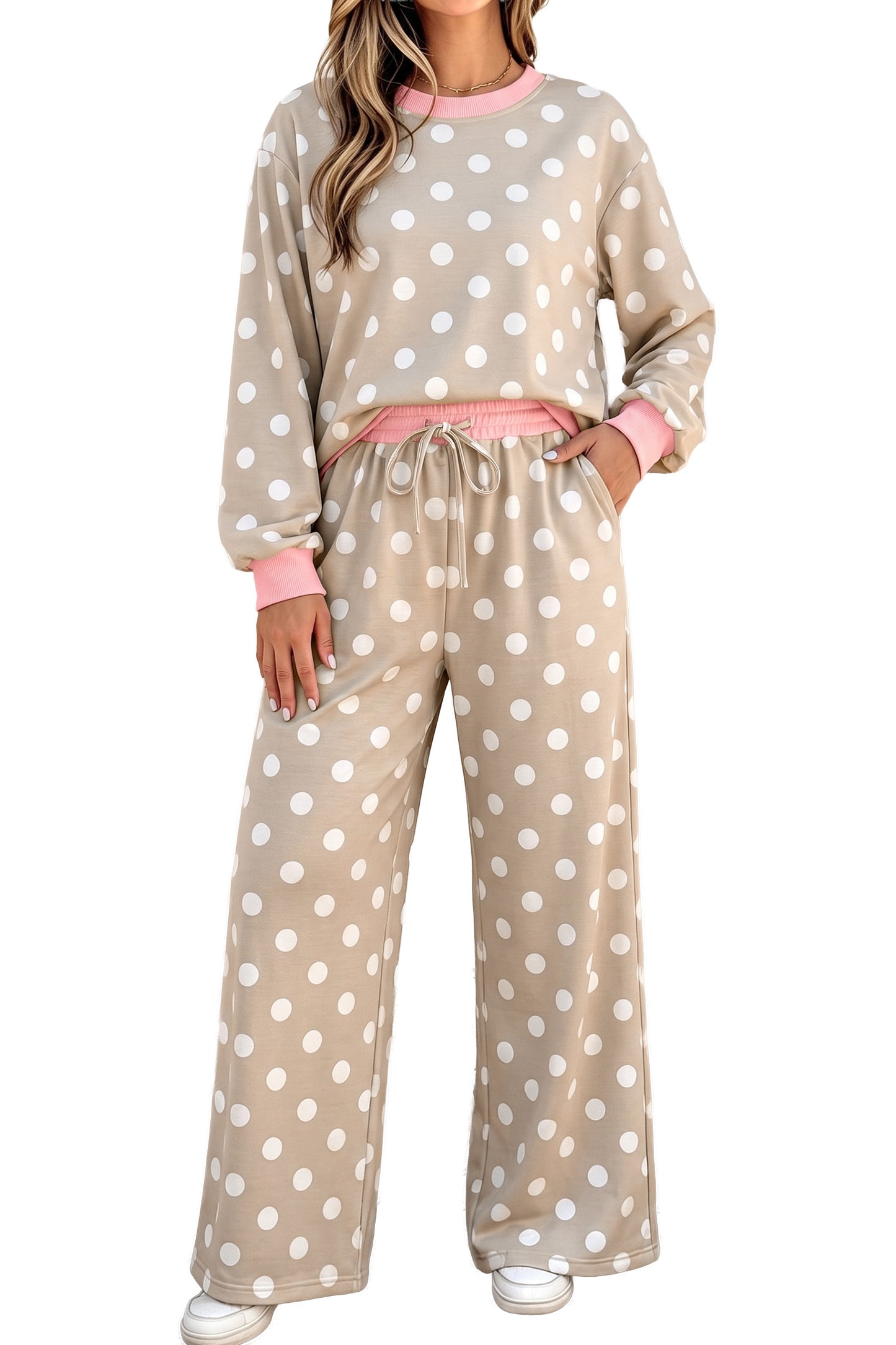 Polka Dot Contrast Trim Long Sleeve Top Drawstring Shift Pants Set