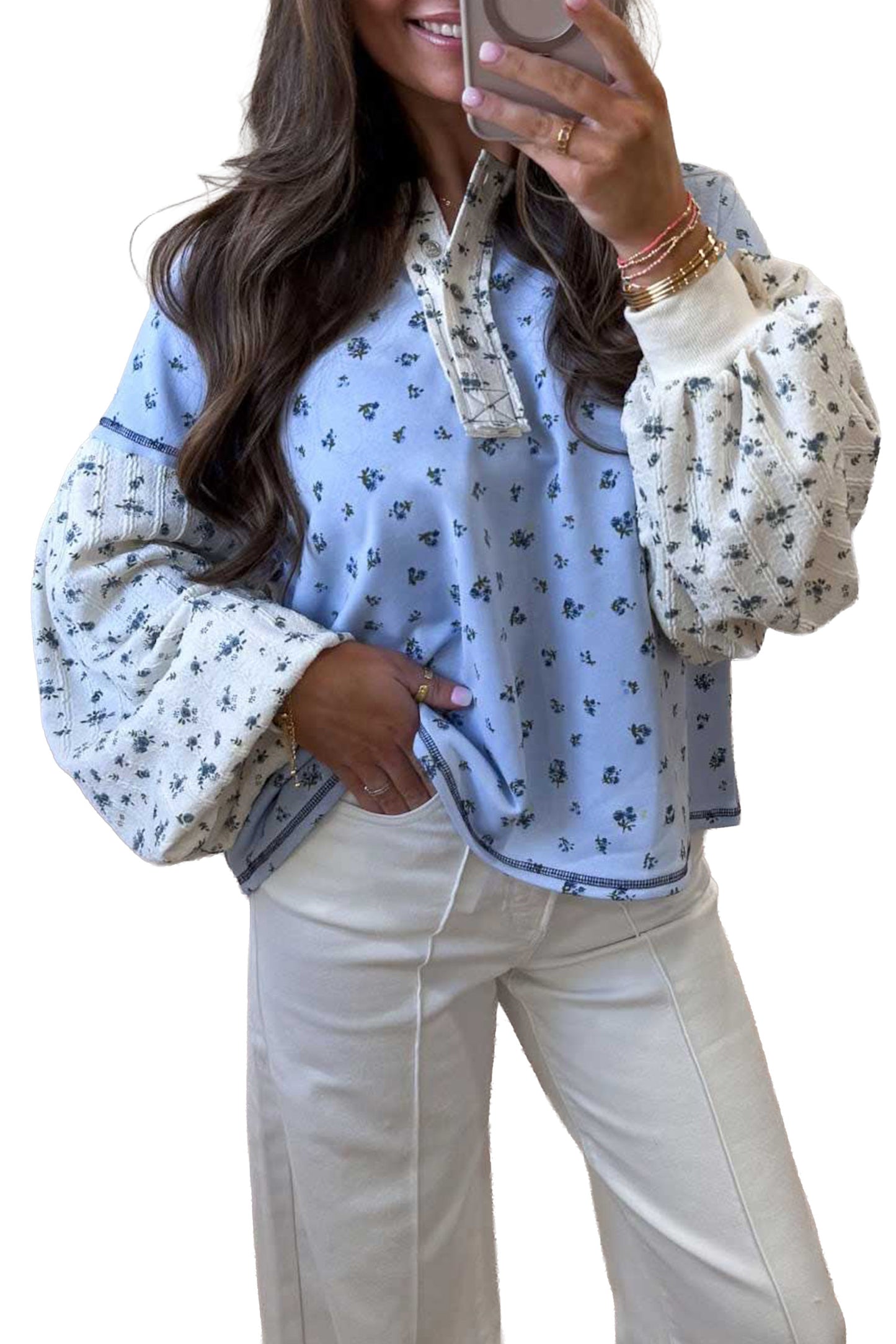 Sky Blue Floral Print Contrast Long Sleeve Top
