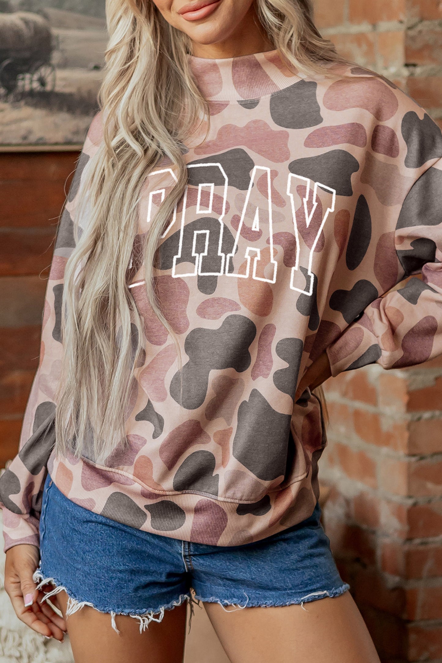Pray Embroidered Camo Pullover Sweatshirt