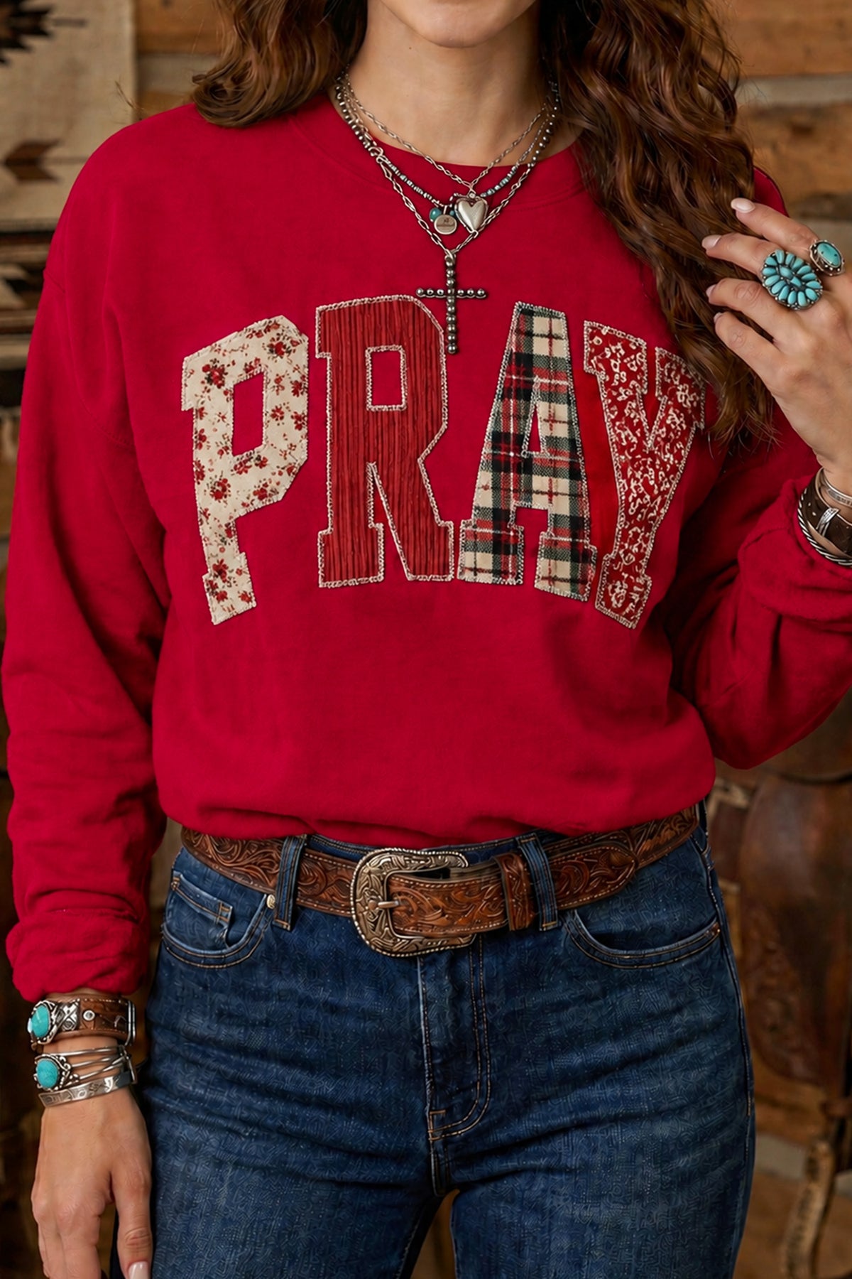 Floral Buffalo Plaid Striped Embroidered Patch Western Pullover Sweatshirt