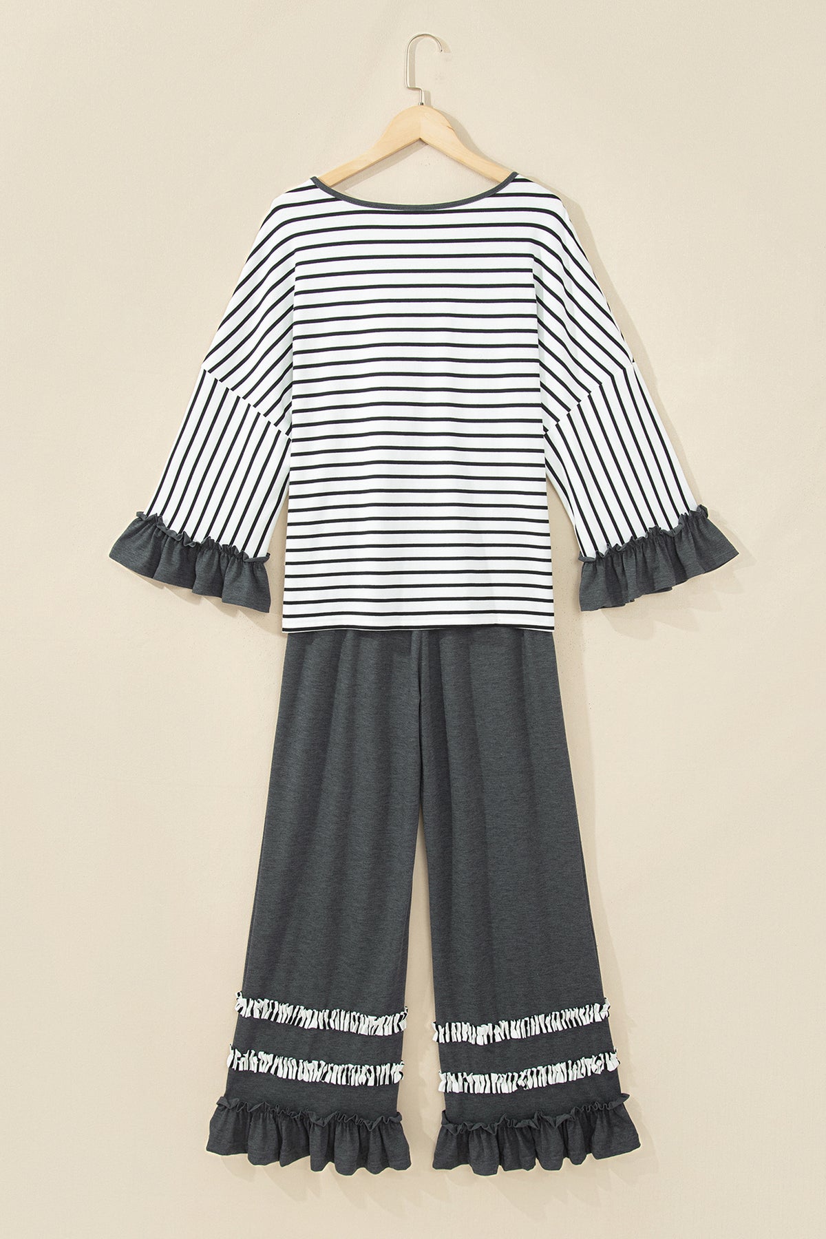 Striped V Neck Ruffle Contrast Sleeve Top Drawstring Pants Set