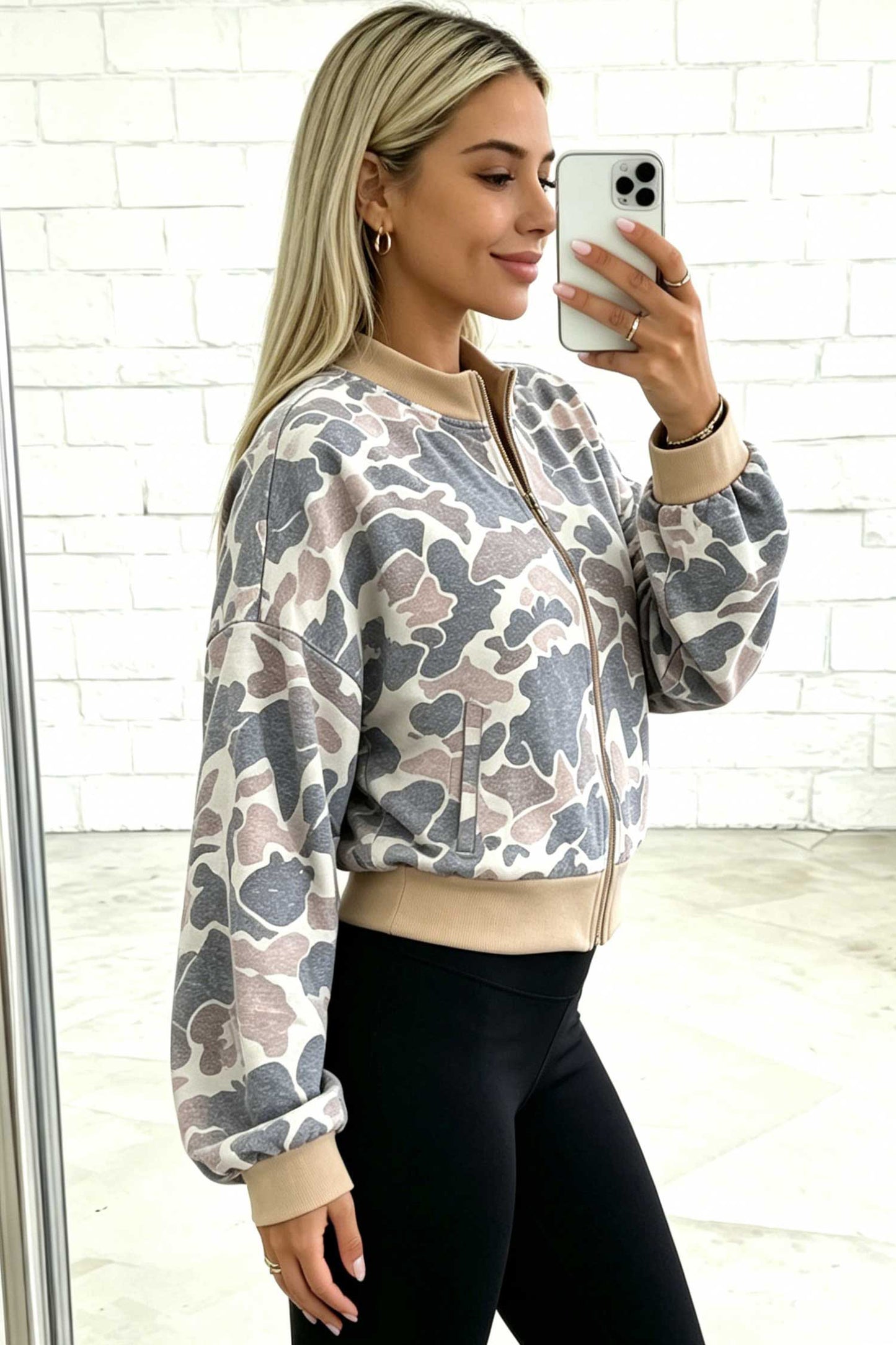 Camouflage Print Color Block Trim Zip Bomber Sweatshirt