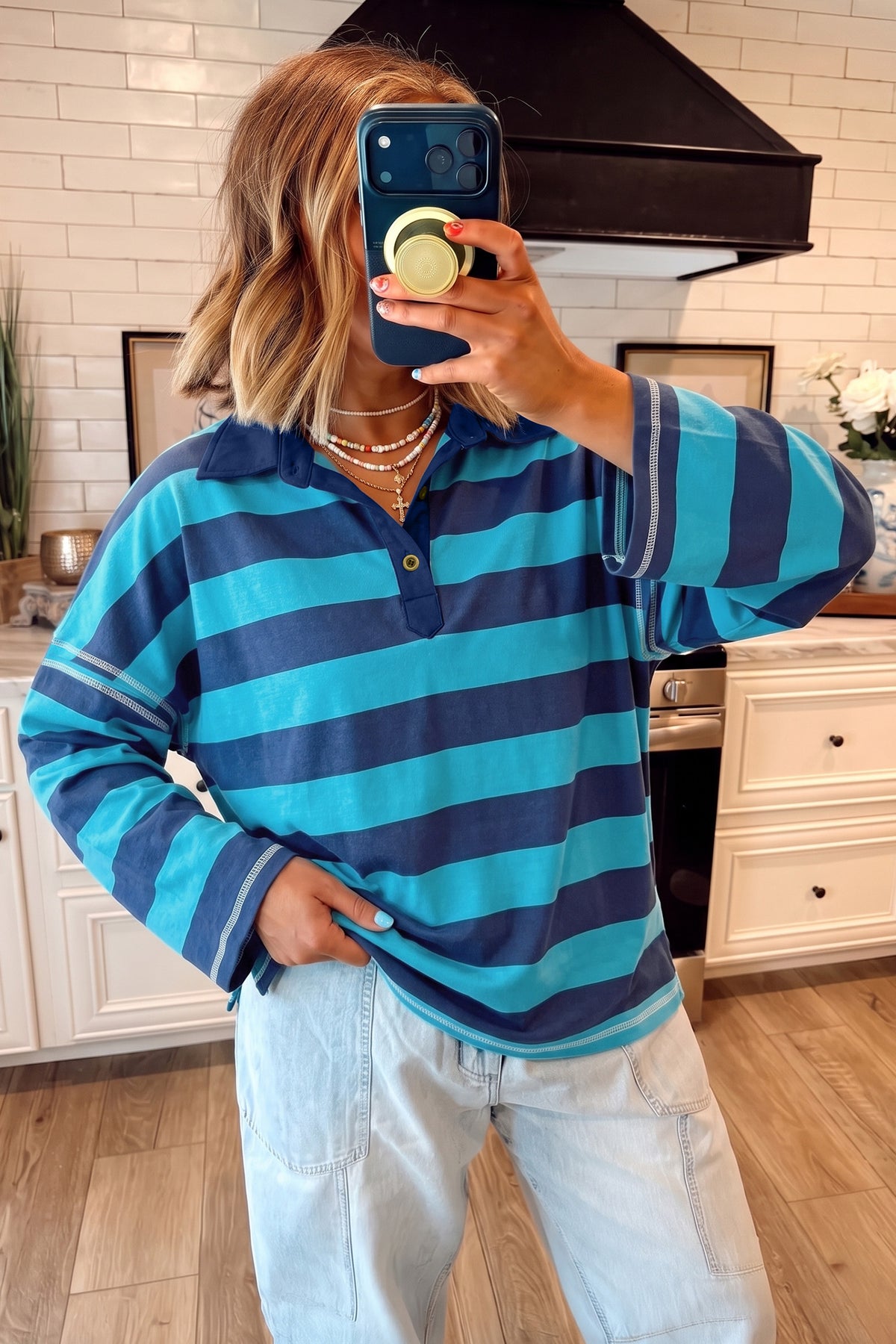 Stripe Contrast Polo Collar Bracelet Sleeve Loose Top