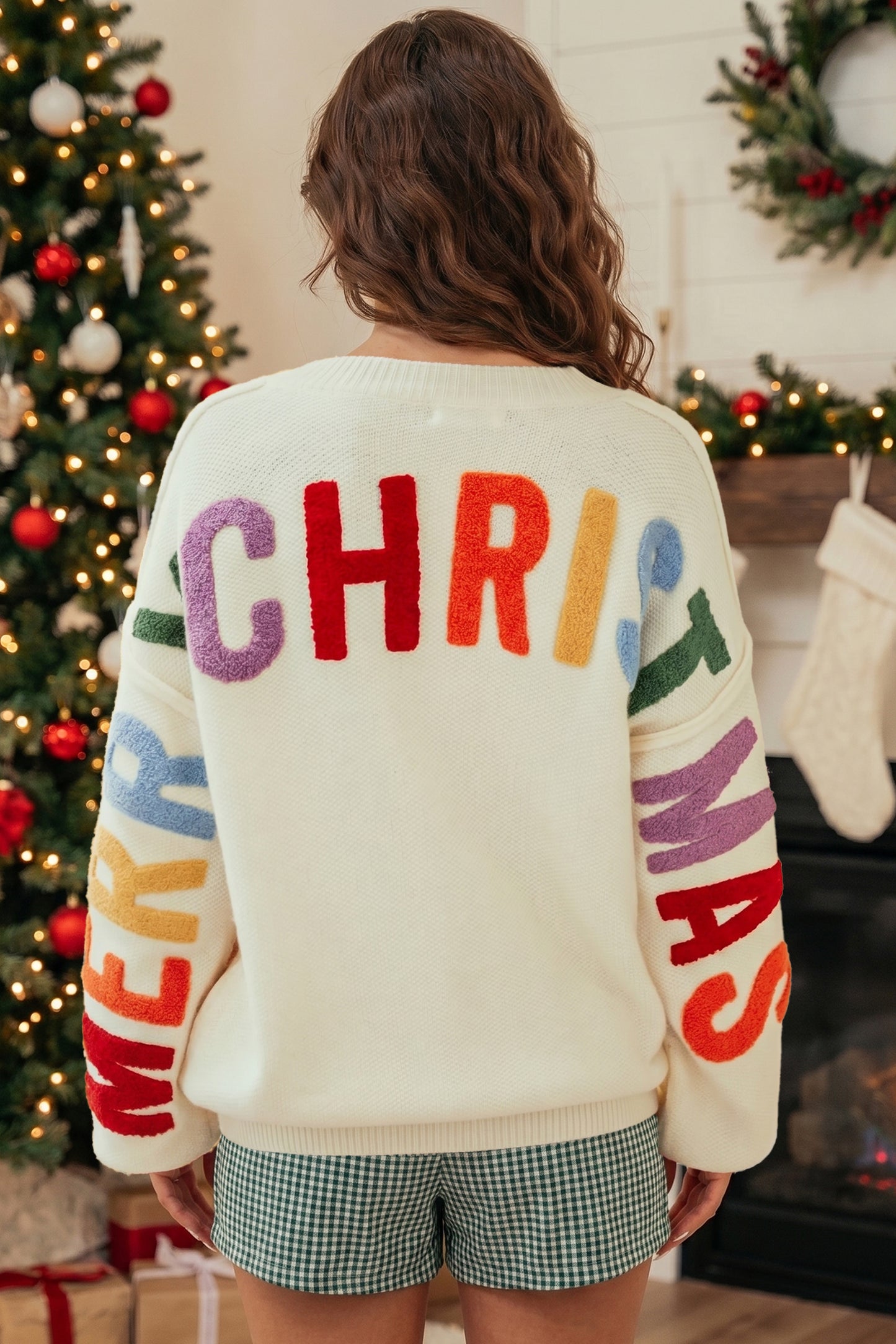 White Ho Ho Ho Button Front Embroidered Knit Cardigan