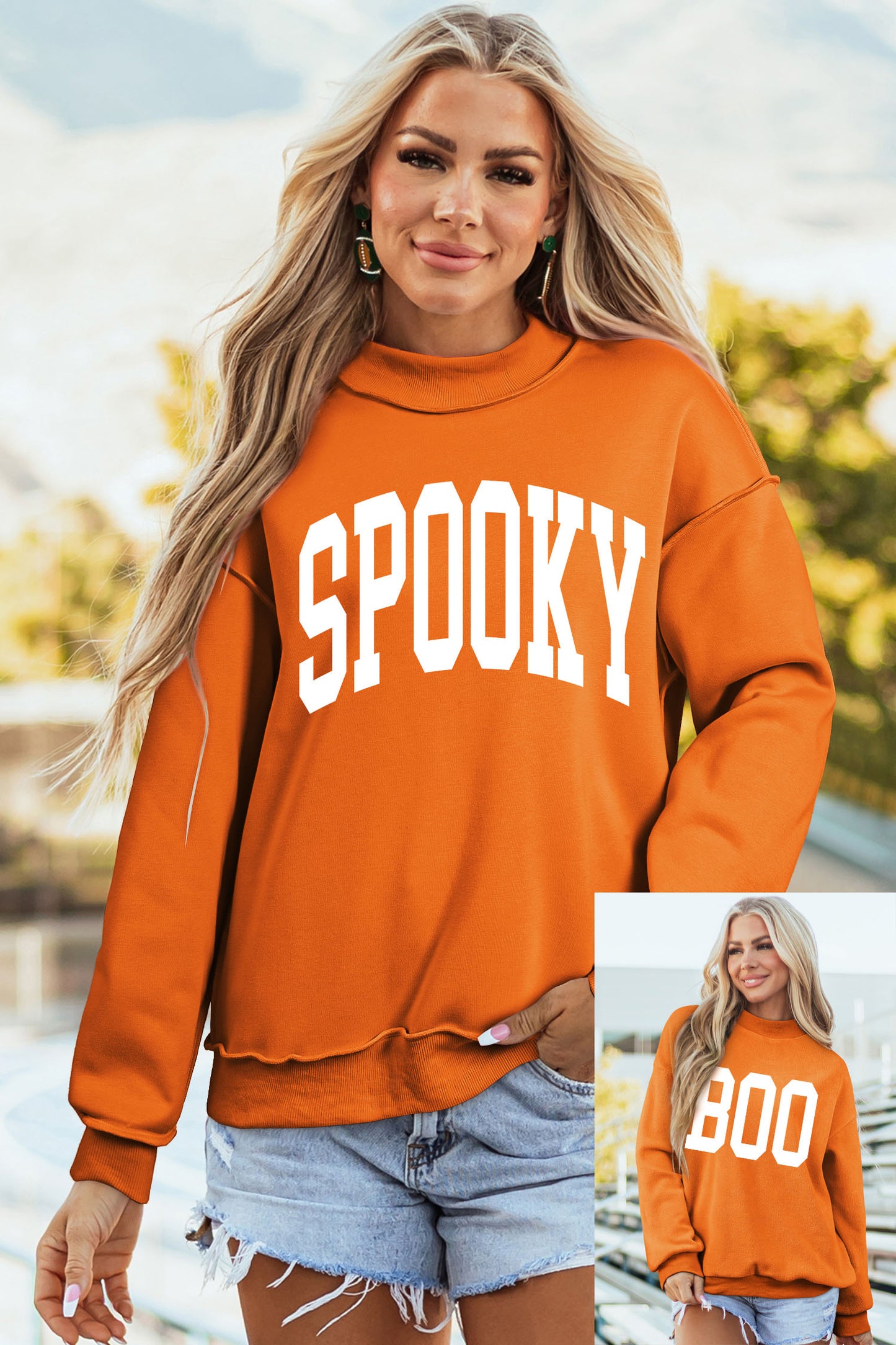 SPOOKY/ BOO Double Side Print Halloween Reversible Mock Neck Sweatshirt