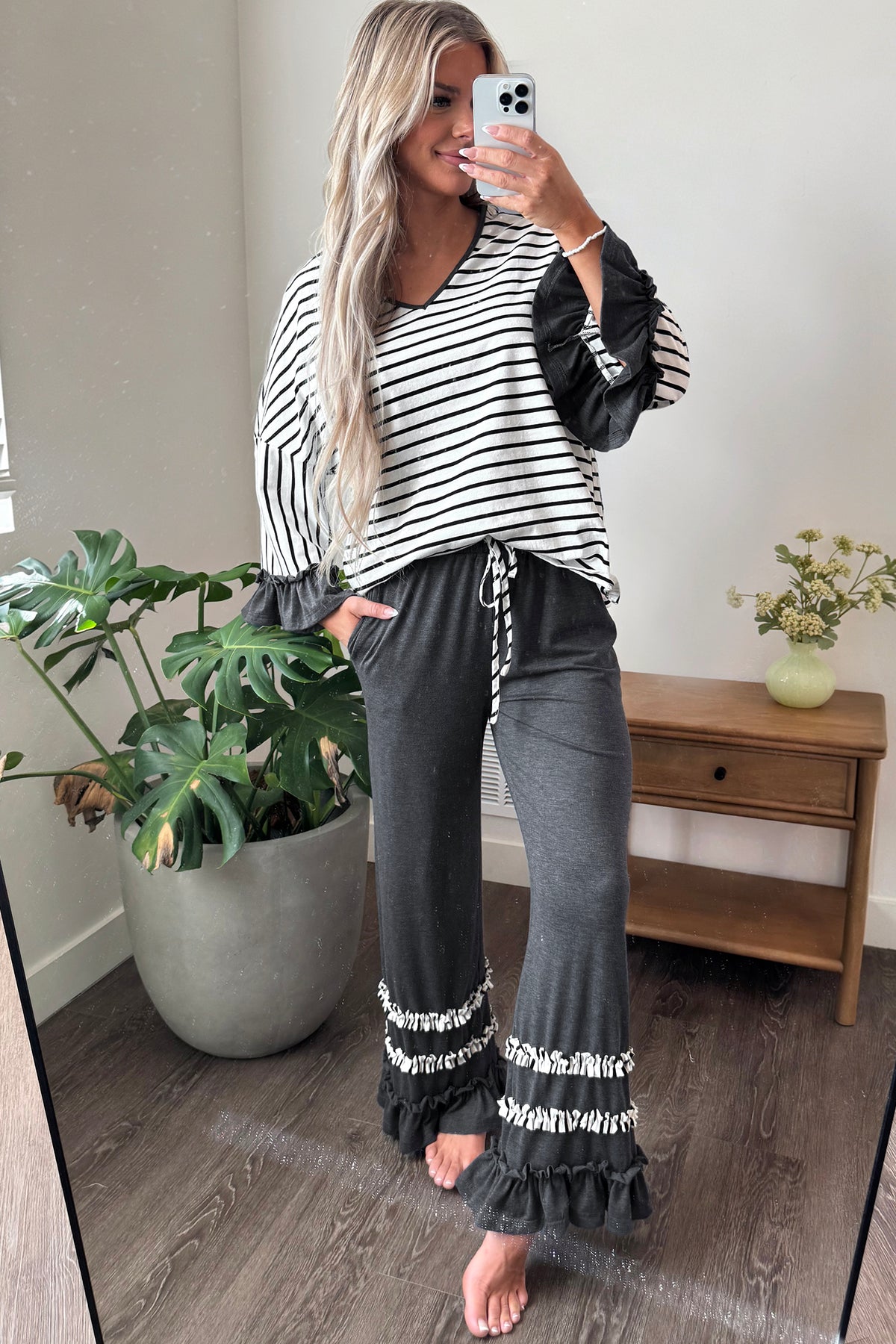 Striped V Neck Ruffle Contrast Sleeve Top Drawstring Pants Set