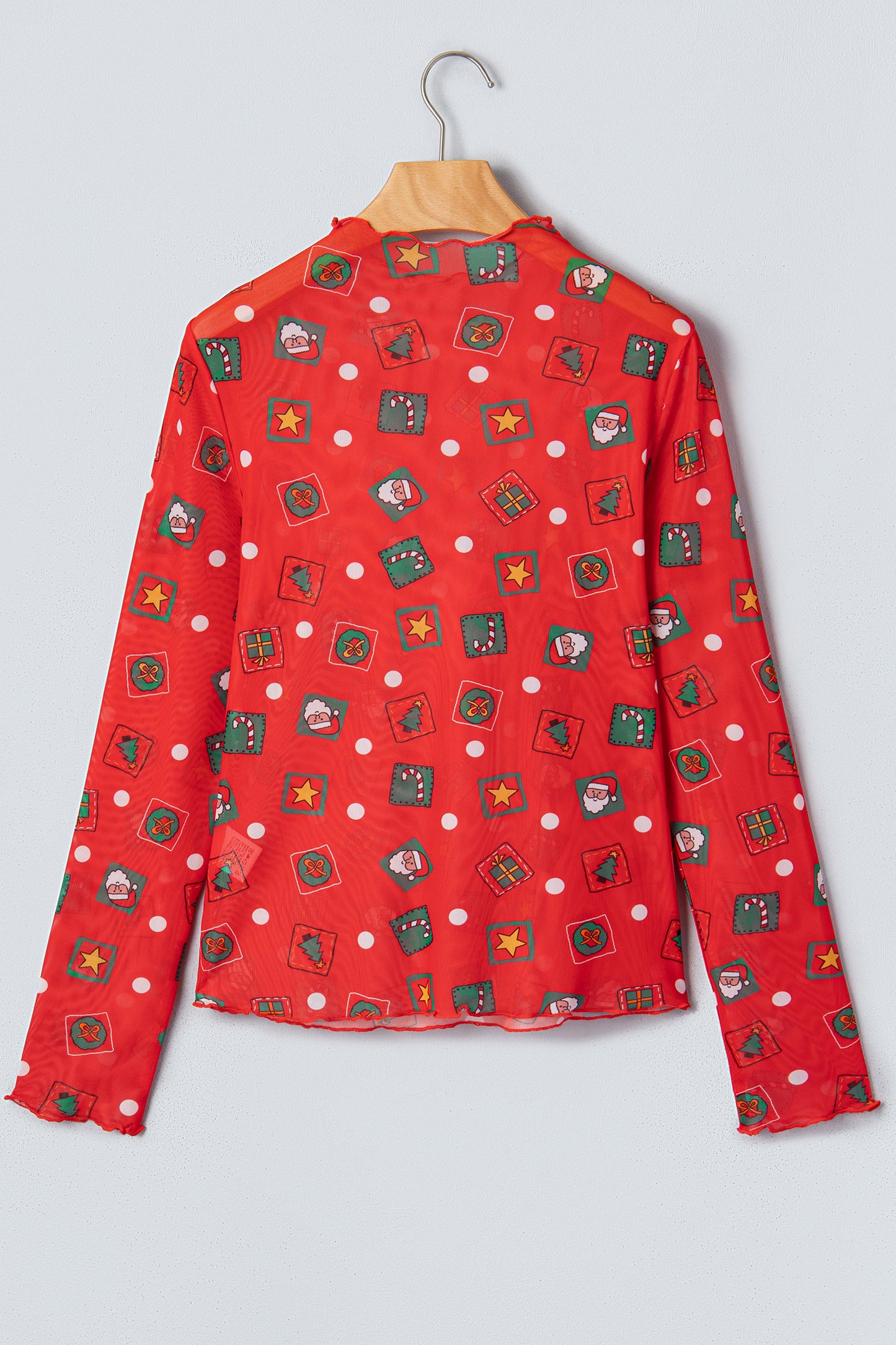 Fiery Red Christmas Elements Printed Long Sleeve Mesh Top