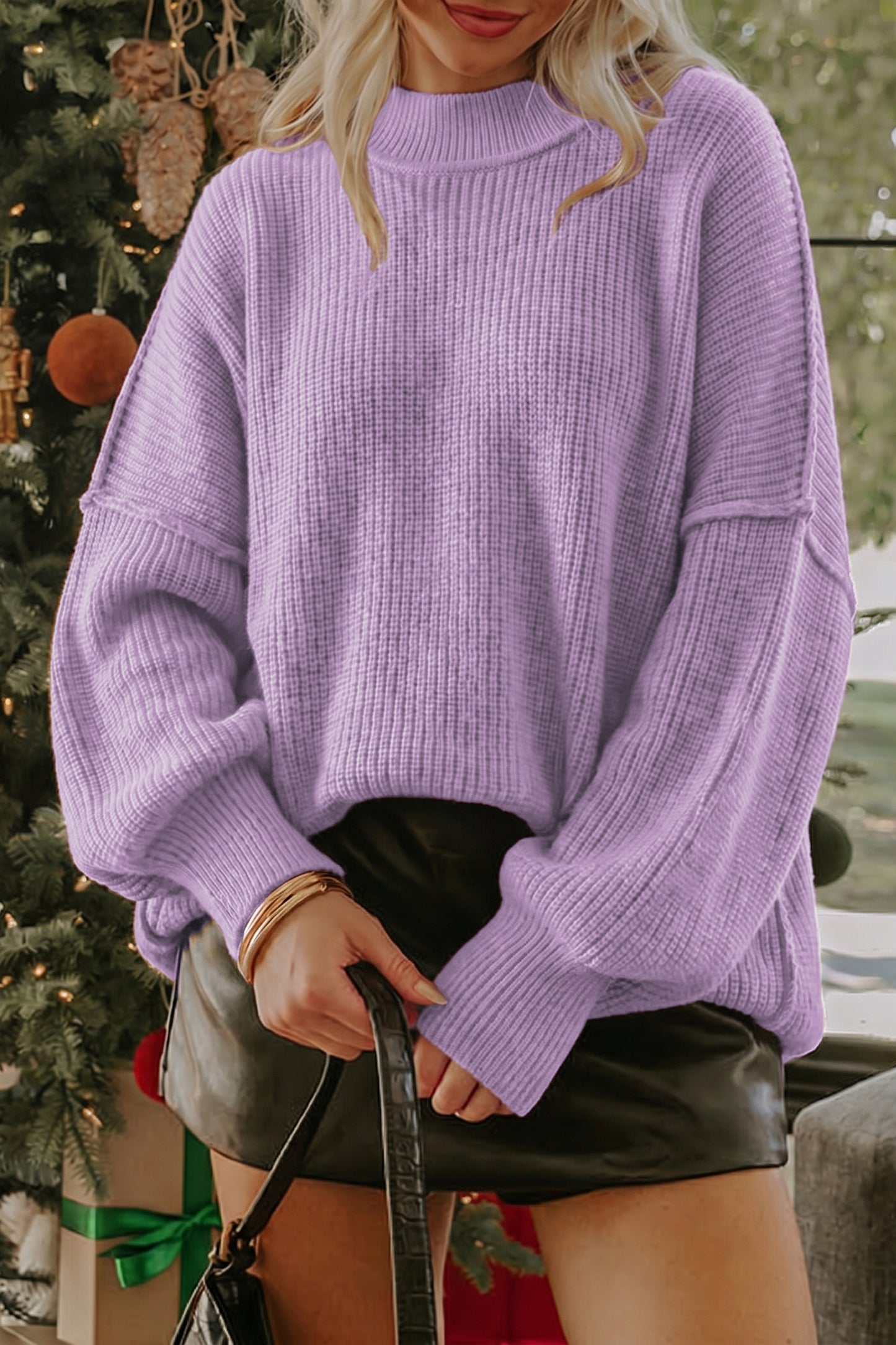 Orchid Bouquet Long Sleeve Ribbed Knit Stand Neck Regular Fit Sweater