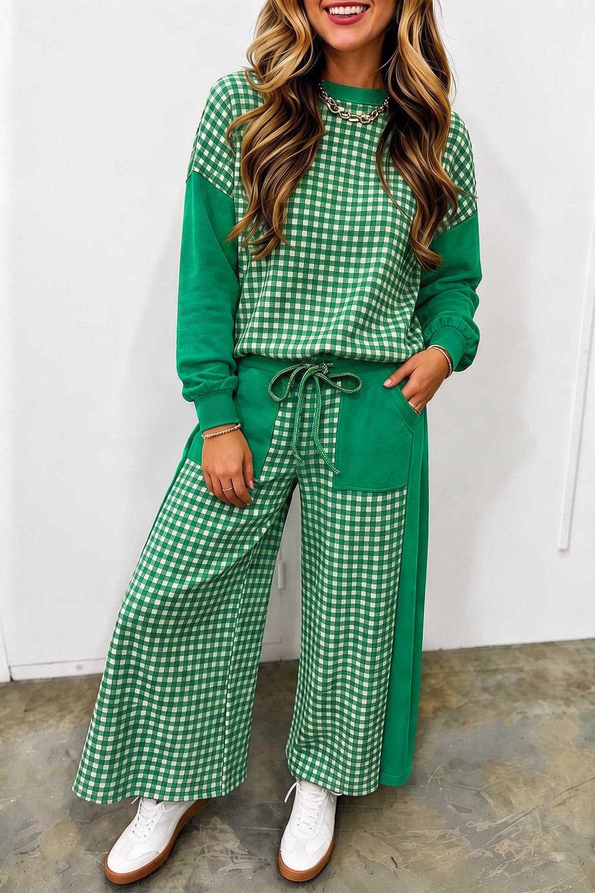 Color Block Plaid Patchwork Long Sleeve Pullover Wide Leg Pant Set