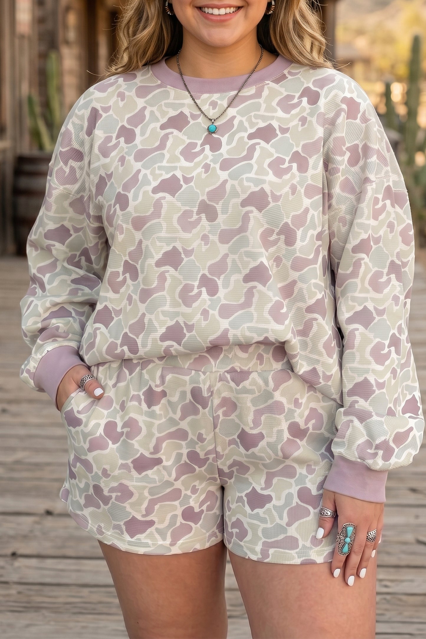 Camouflage Waffle Textured Pullover and Shorts Set