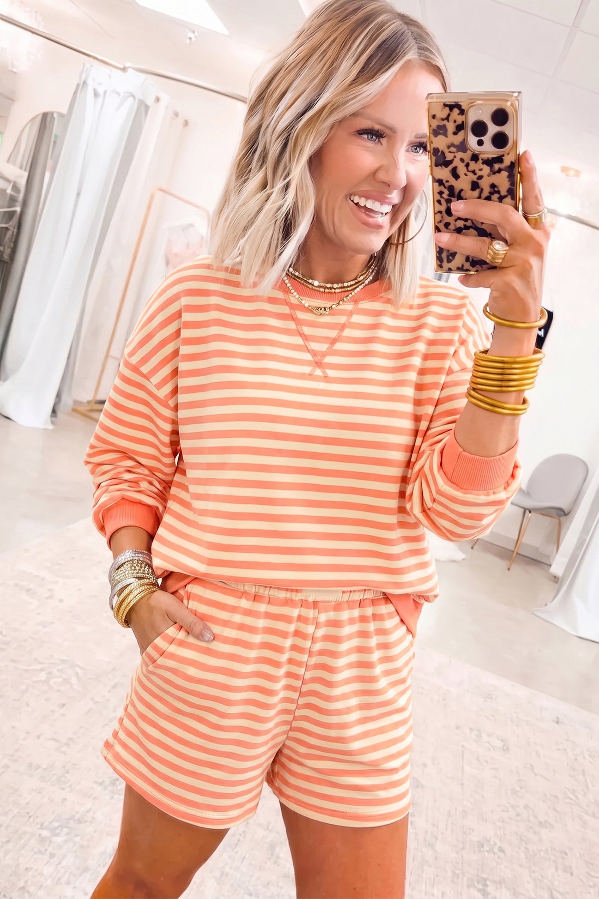 Stripe Drop Shoulder Long Sleeve Pullover Elastic Waist Casual Short Set