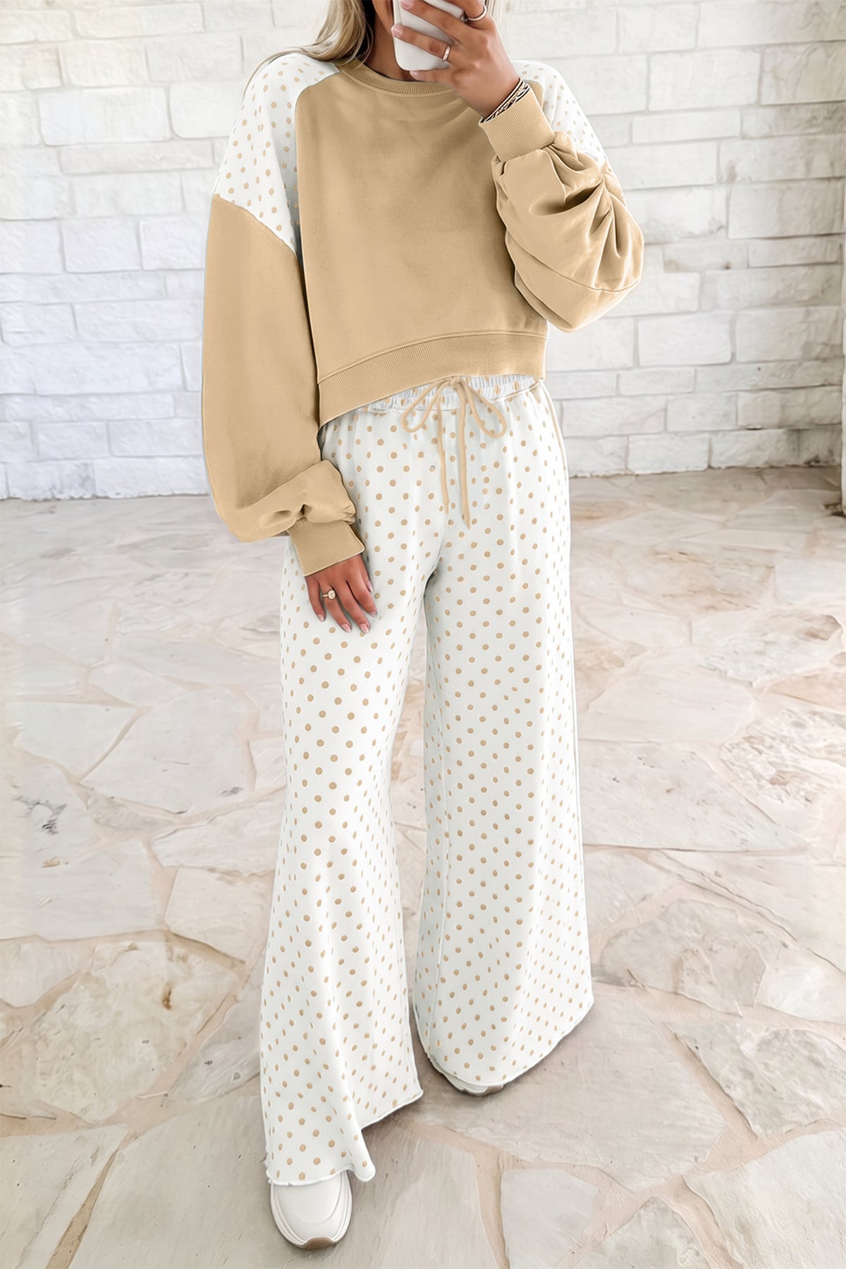 Polka Dot Patchwork Colorblock Long Sleeve Casual Two Piece Pants Set