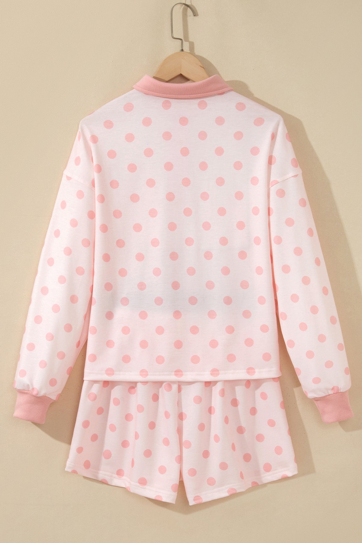 Polka Dot Drop Shoulder Polo Loose Pullover Patch Pocket Casual Shorts Set