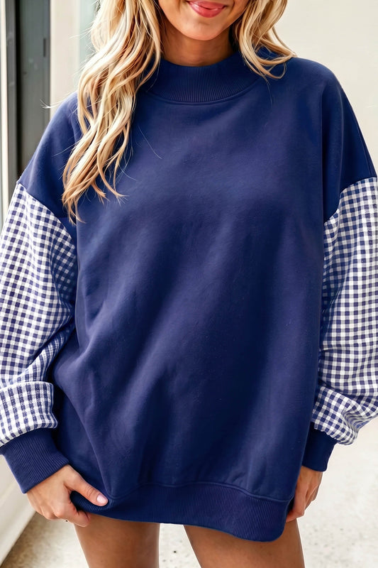 Plaid Sleeve Colorblock Loose Sweatshirt