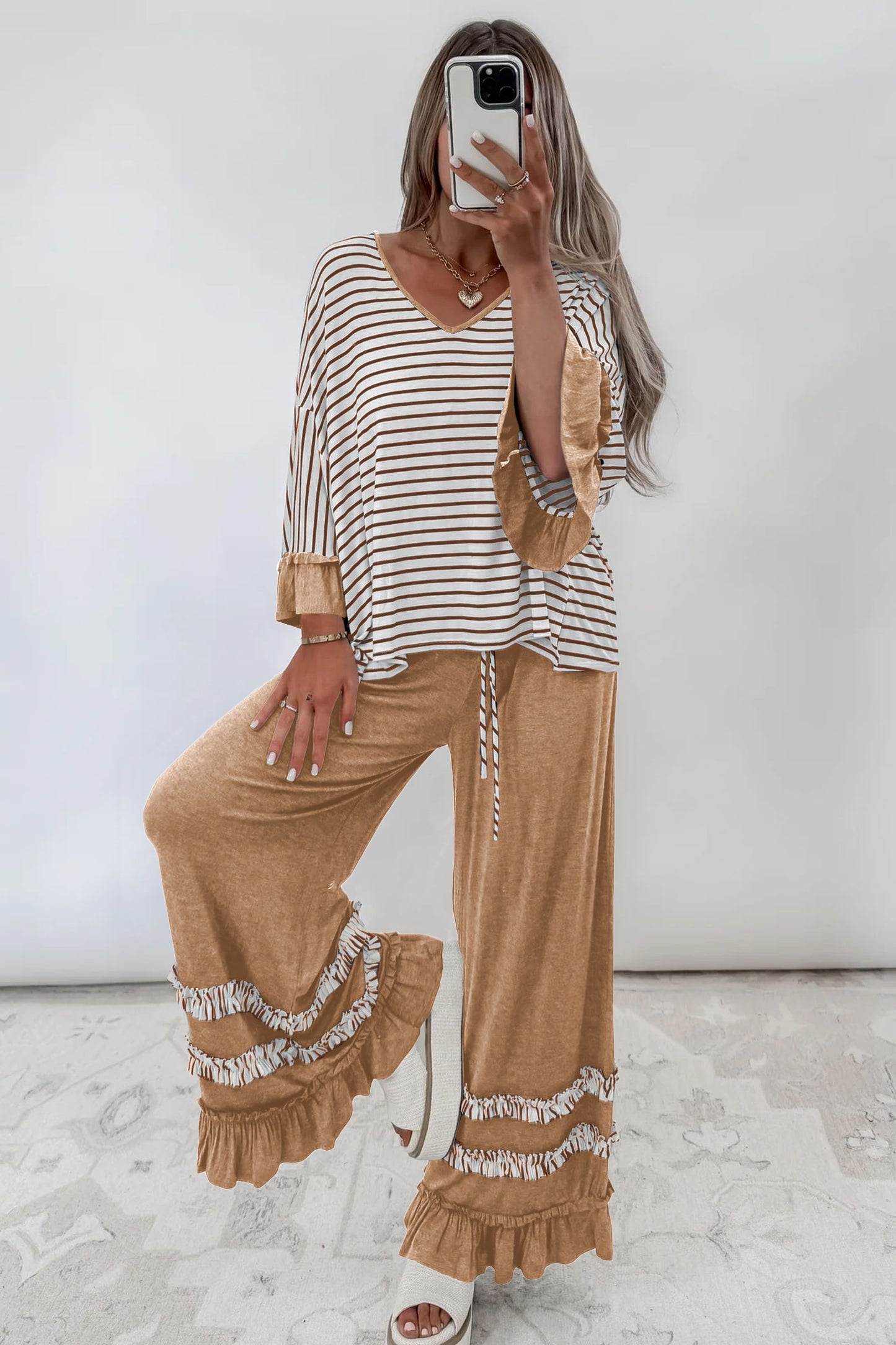 Striped V Neck Ruffle Contrast Sleeve Top Drawstring Pants Set
