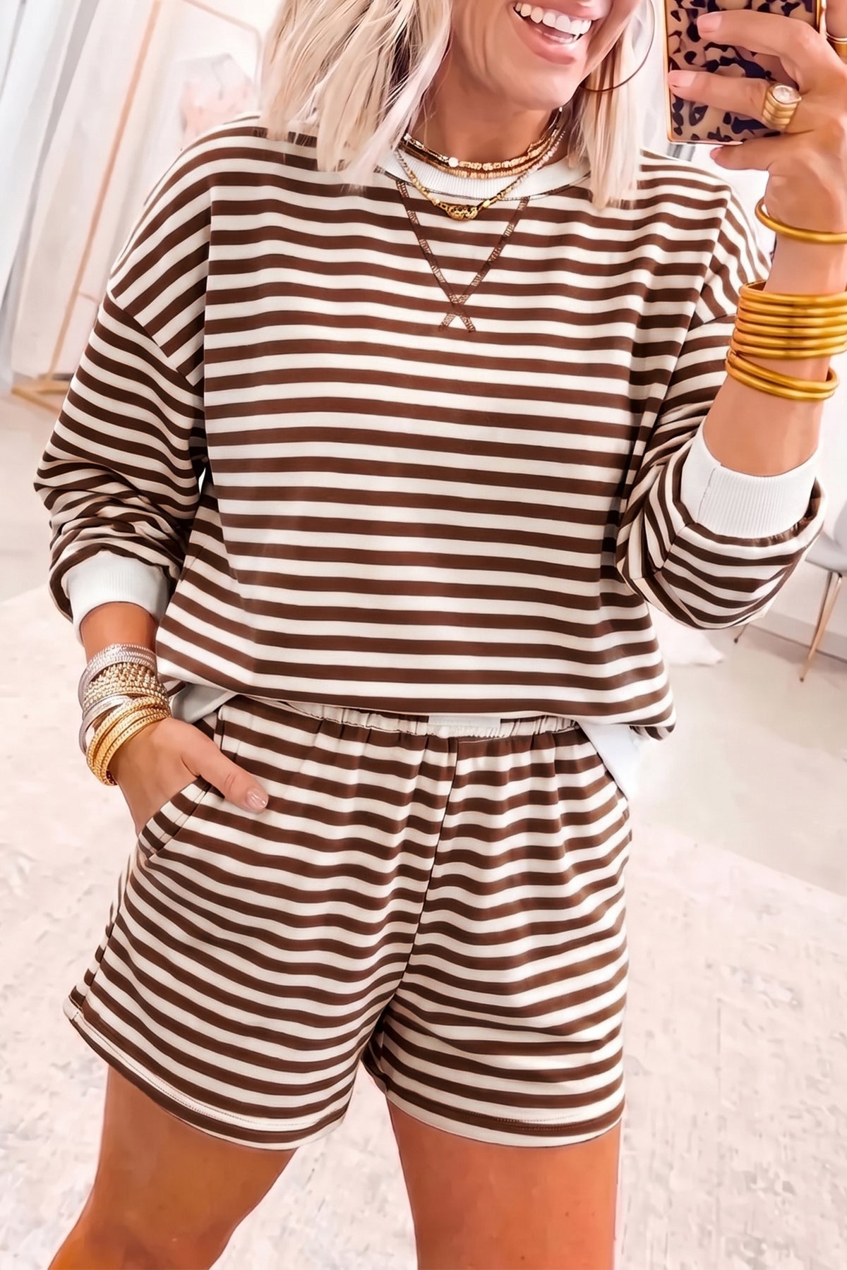 Stripe Drop Shoulder Long Sleeve Pullover Elastic Waist Casual Short Set