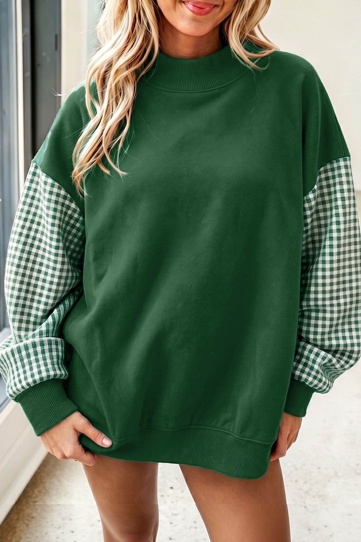 Plaid Sleeve Colorblock Loose Sweatshirt