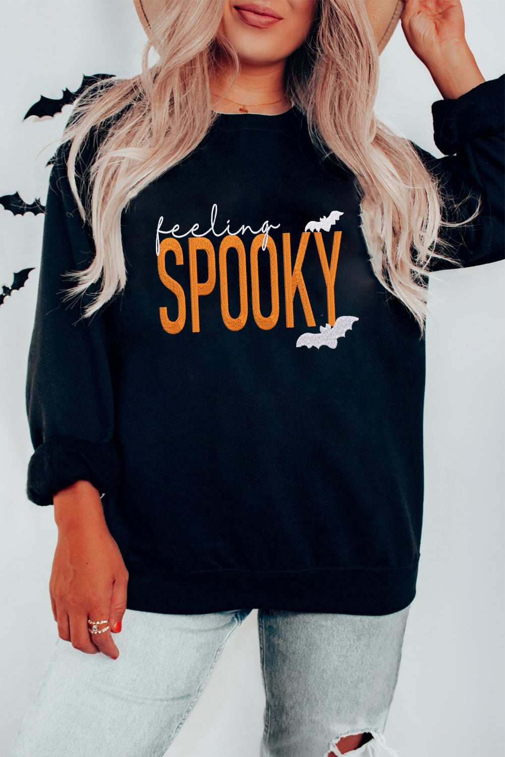 Feeling Spooky Halloween Embroidered Graphic Baggy Sweatshirt