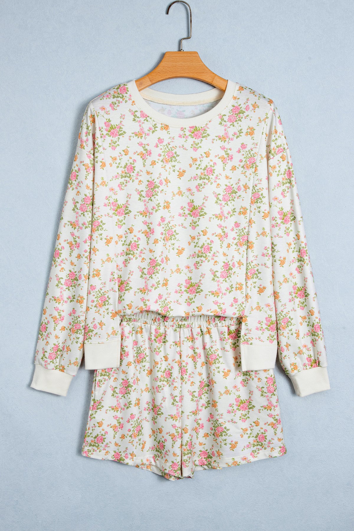 Beige Floral Print Long Sleeve Shift Top Pocketed Shorts Set