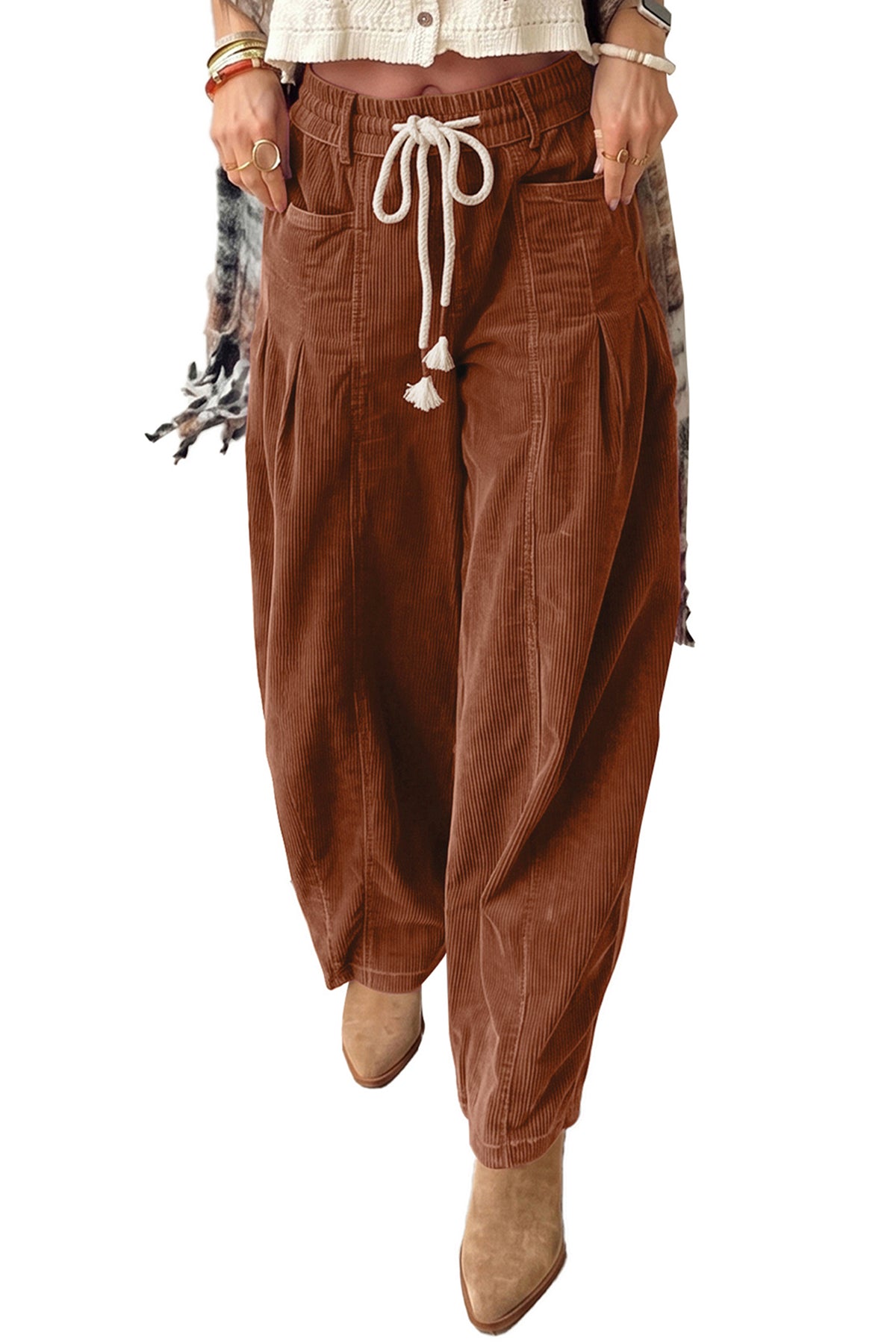 Elastic Waist Drawstring Corduroy Casual Pants