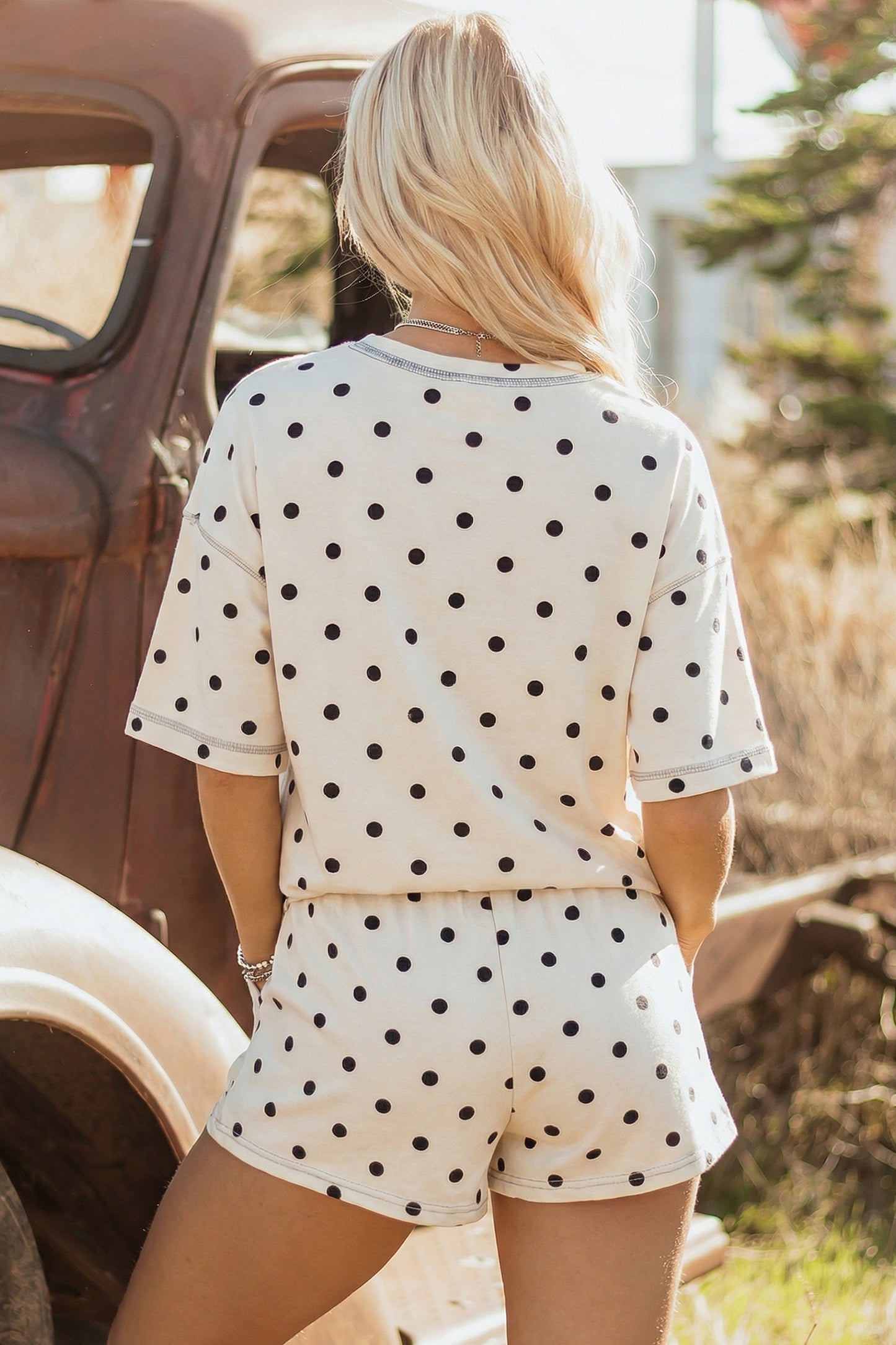 Pink Polka Dot Short Sleeve Loose Top Drawstring Shorts Set