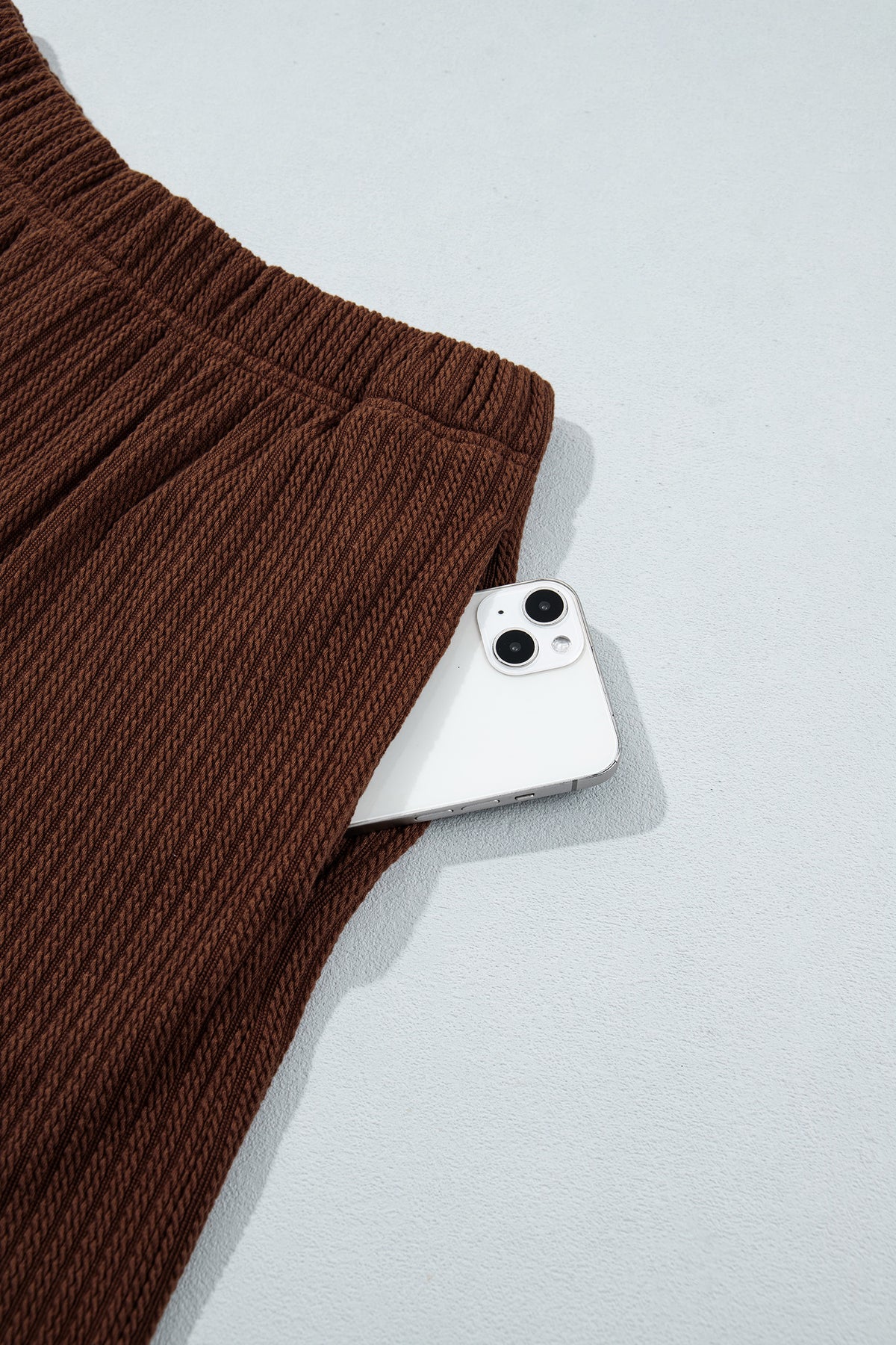 Dark Brown Textured Ribbed Knit Lettuce Trim Lounge Set