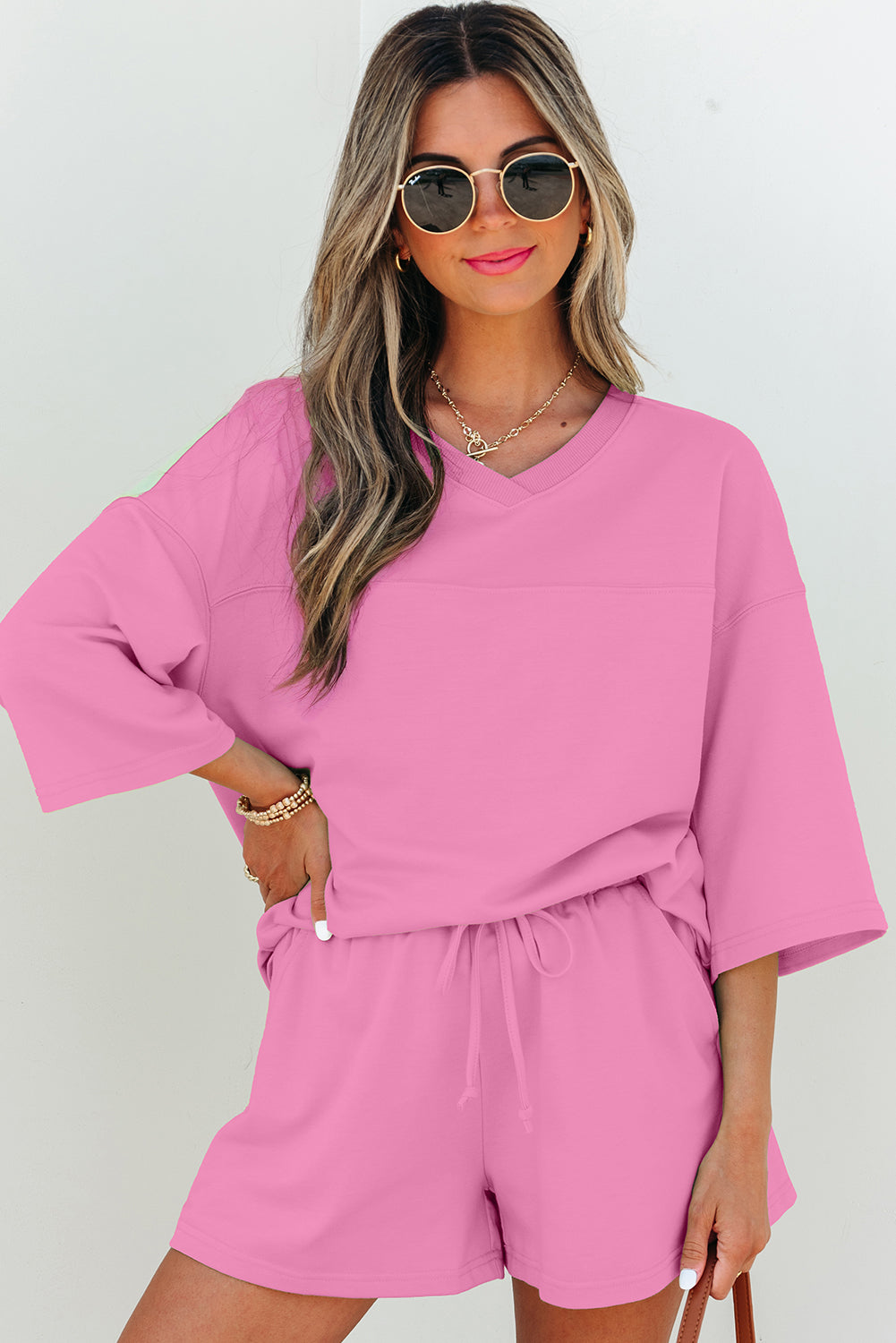 Solid Color Loose V Neck Half Sleeve Tee and Shorts