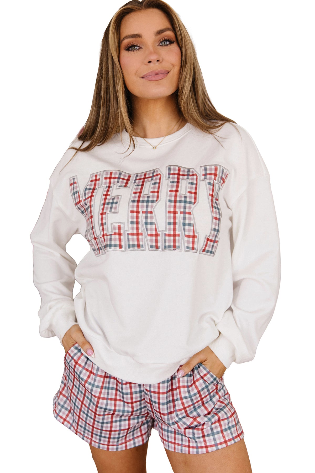 Plaid MERRY Holiday Long Sleeve Top and Shorts Set