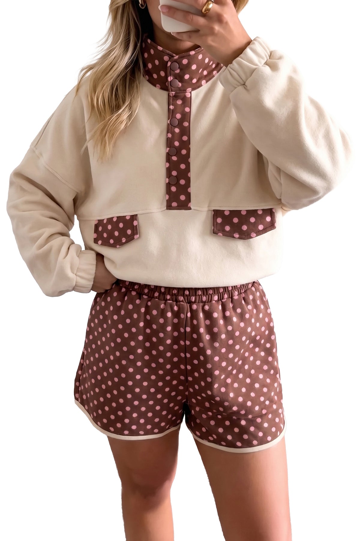 Polka Dot Contrast Baggy Pullover and Elastic Waist Shorts Set
