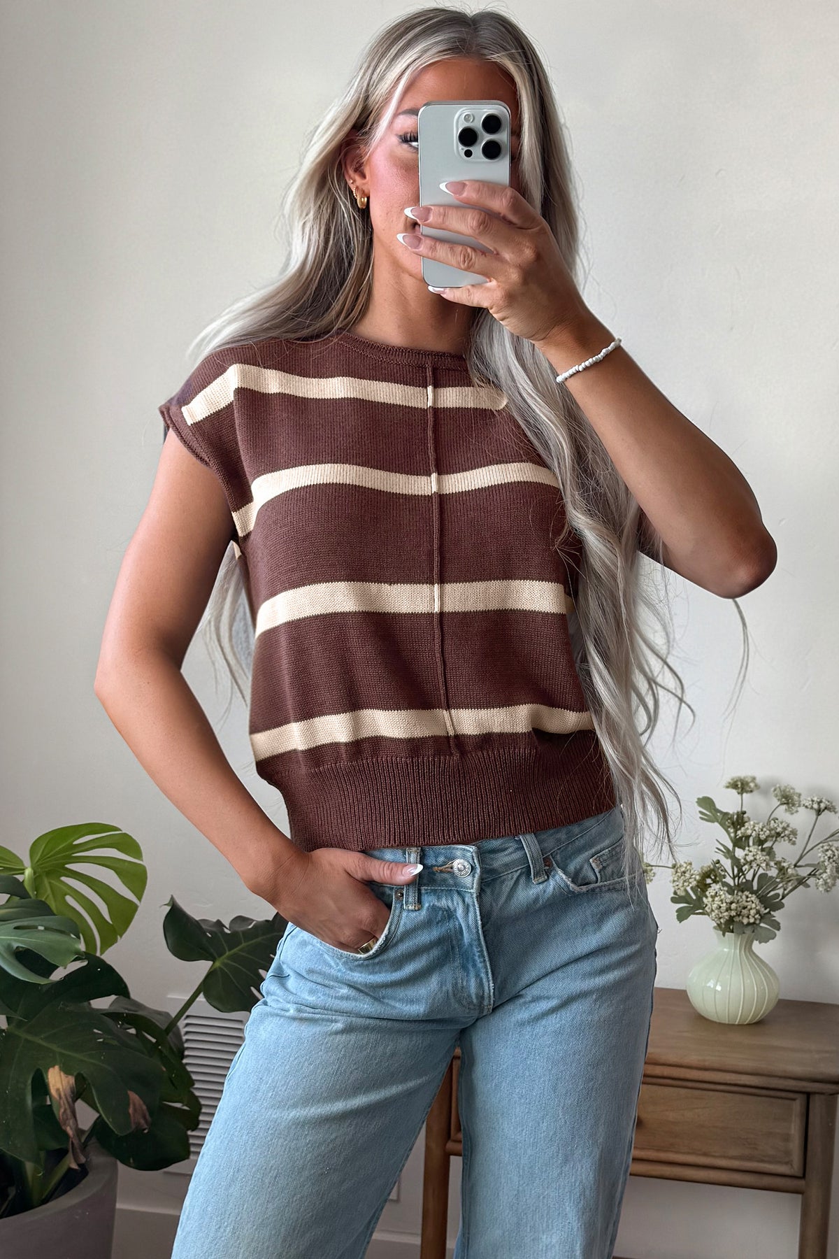 Striped Knit Short Sleeve Sweater