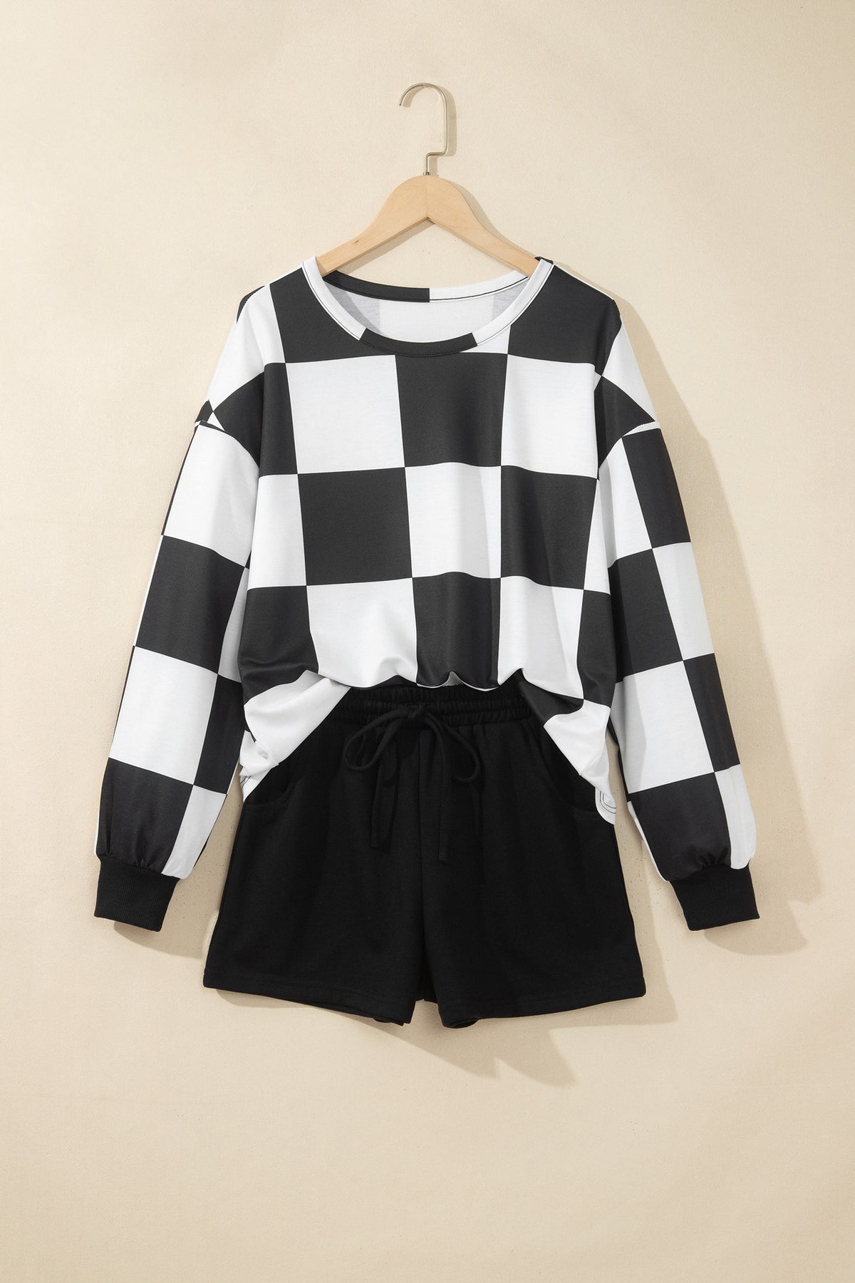 Checkered Long Sleeve Solid Color Shorts Set
