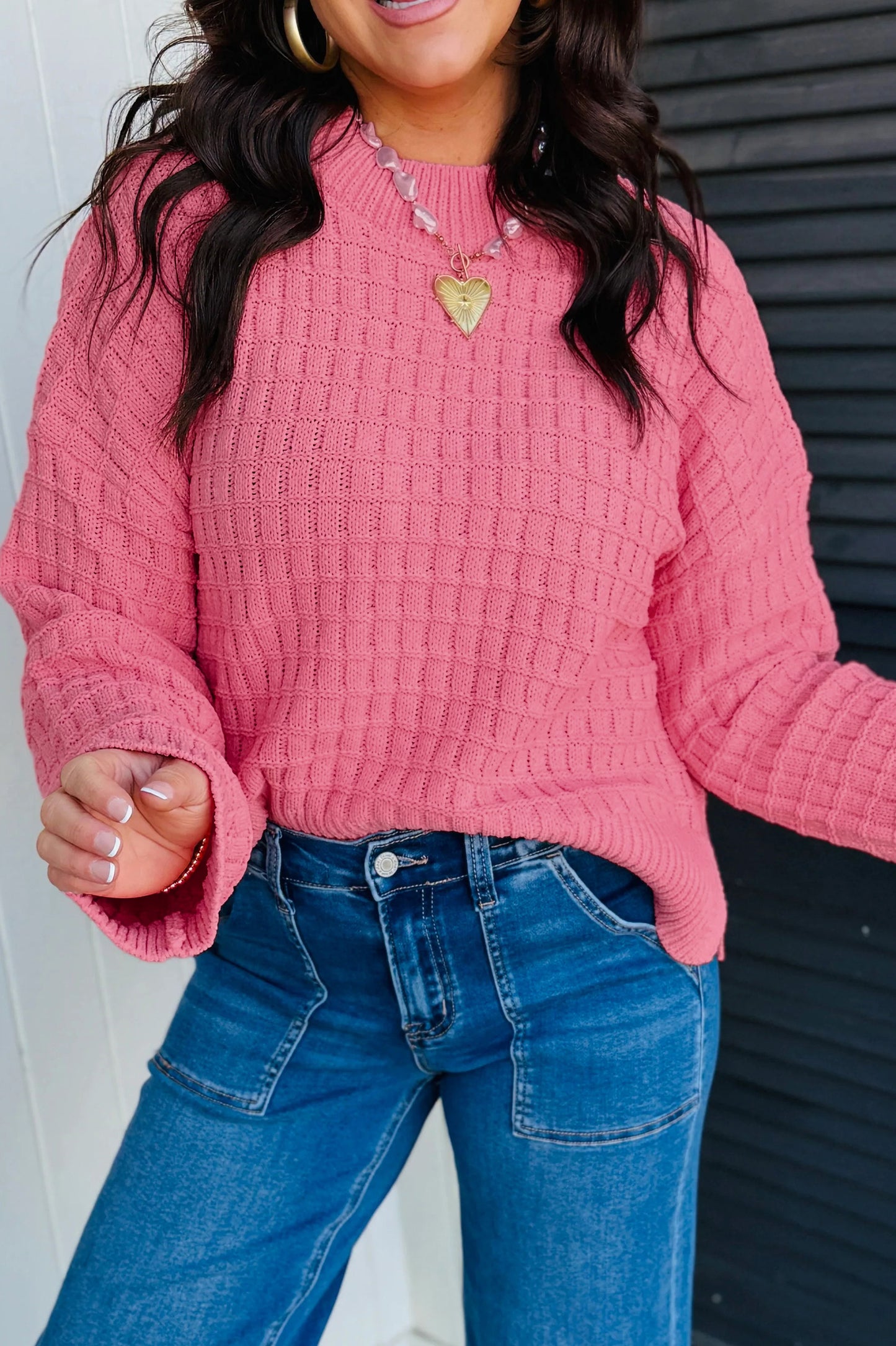 Peach Blossom Drop Shoulder Long Sleeve Knit Regular Fit Sweater