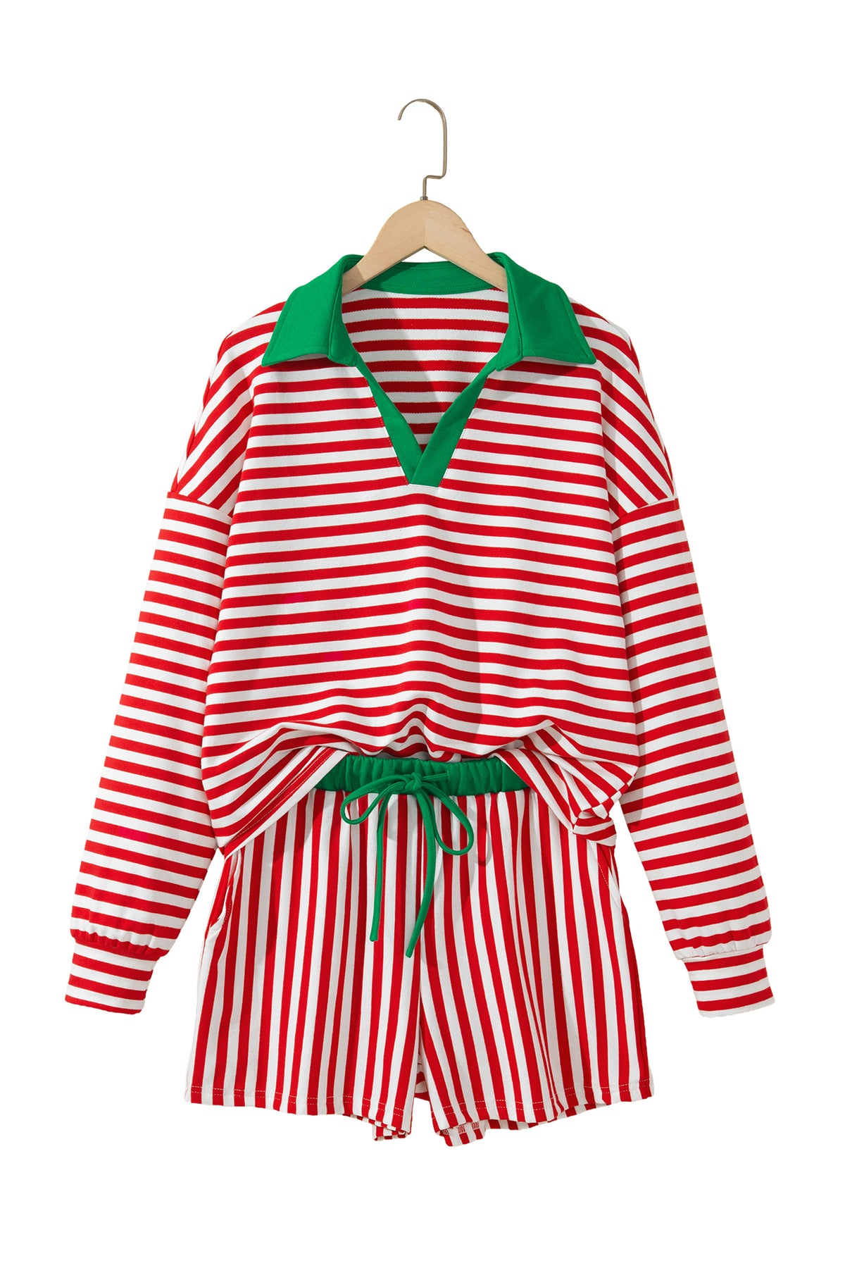 Red Stripe Colorblock Trim Polo Collar Drawstring Elastic Waist Band Set