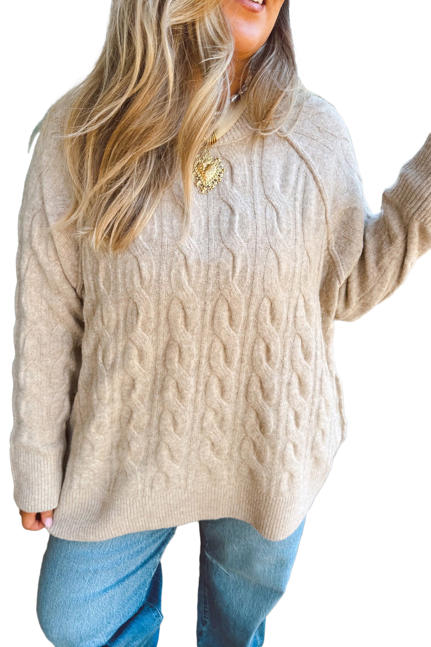Parchment Oversized Cable Knit Long Sleeve Round Neck Tunic Length Plus Size Sweater