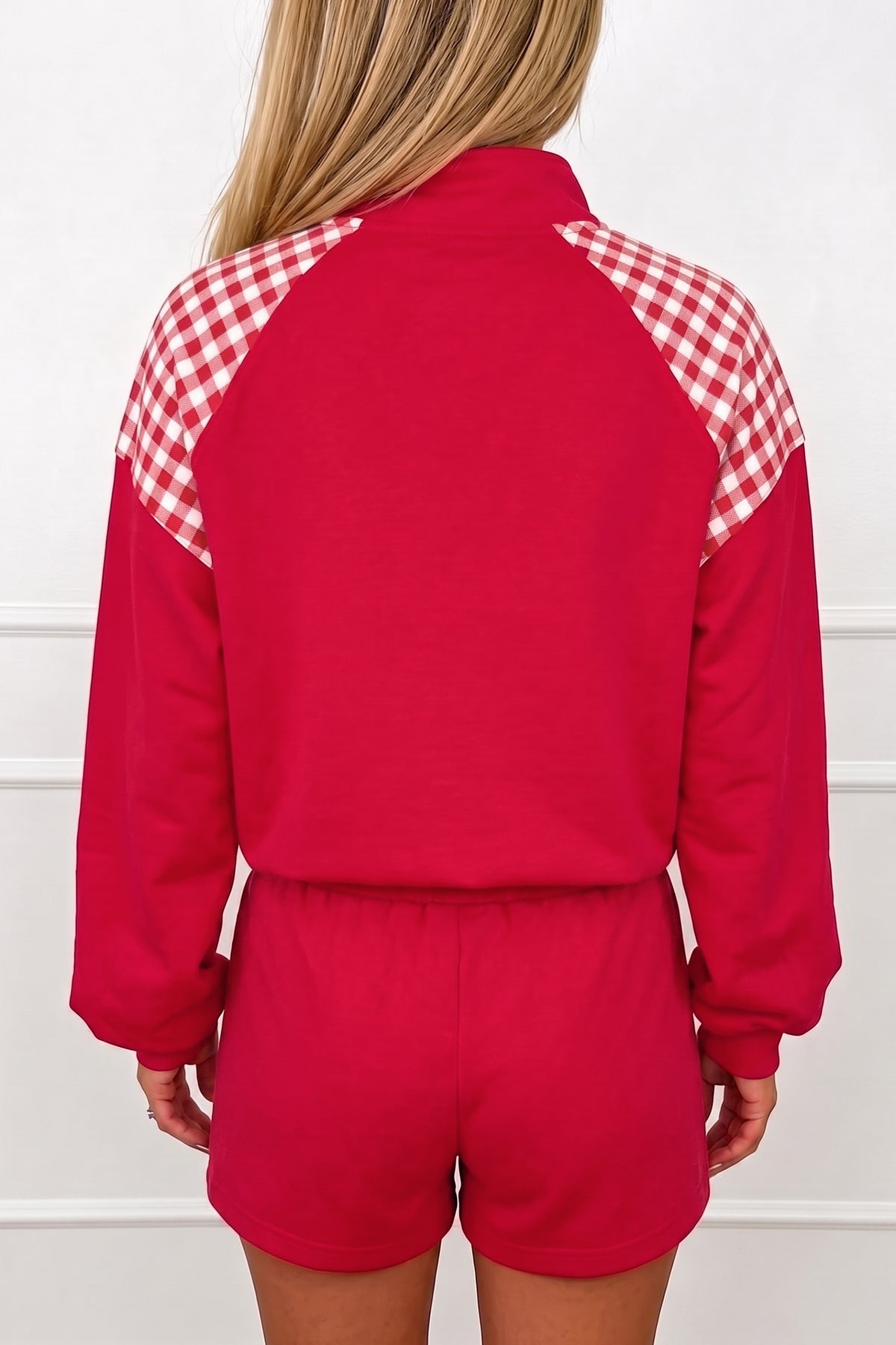 Plaid Patchwork Half Zip Pullover Drawstring Short Set