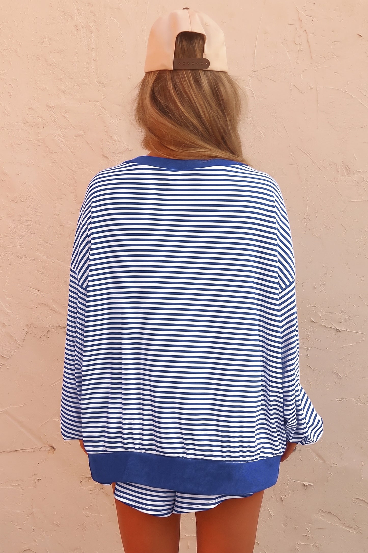 Striped Oversized Long Sleeve Top Drawstring Loose Shorts 2pcs Set