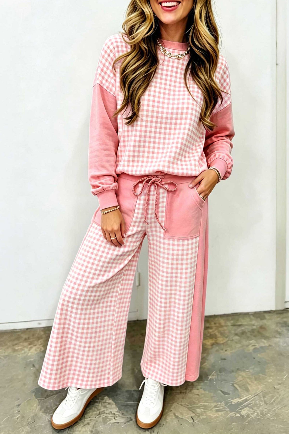 Color Block Plaid Patchwork Long Sleeve Pullover Wide Leg Pant Set