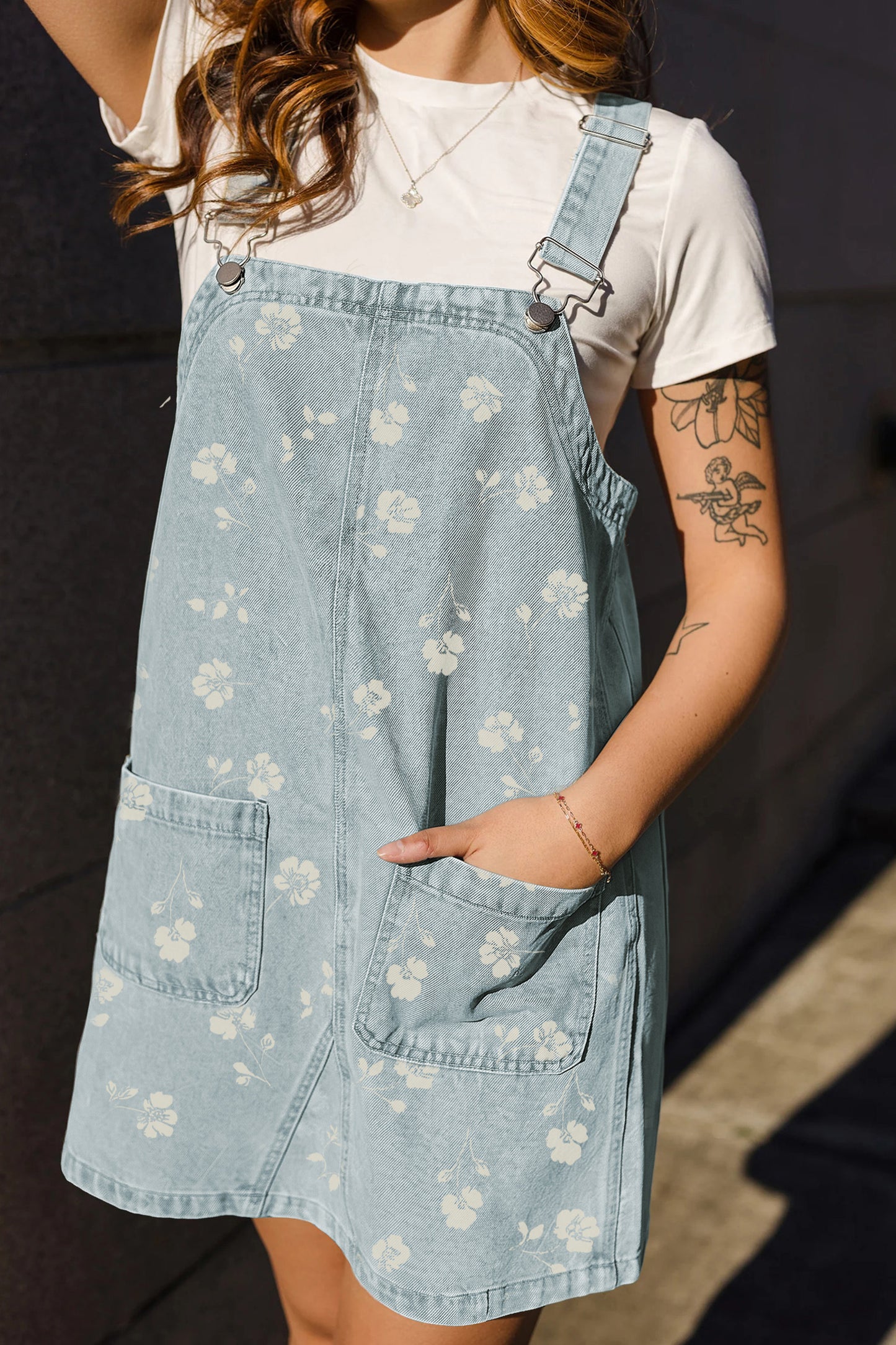 Sky Blue Retro Wash Denim Floral Print Overall Mini Dress